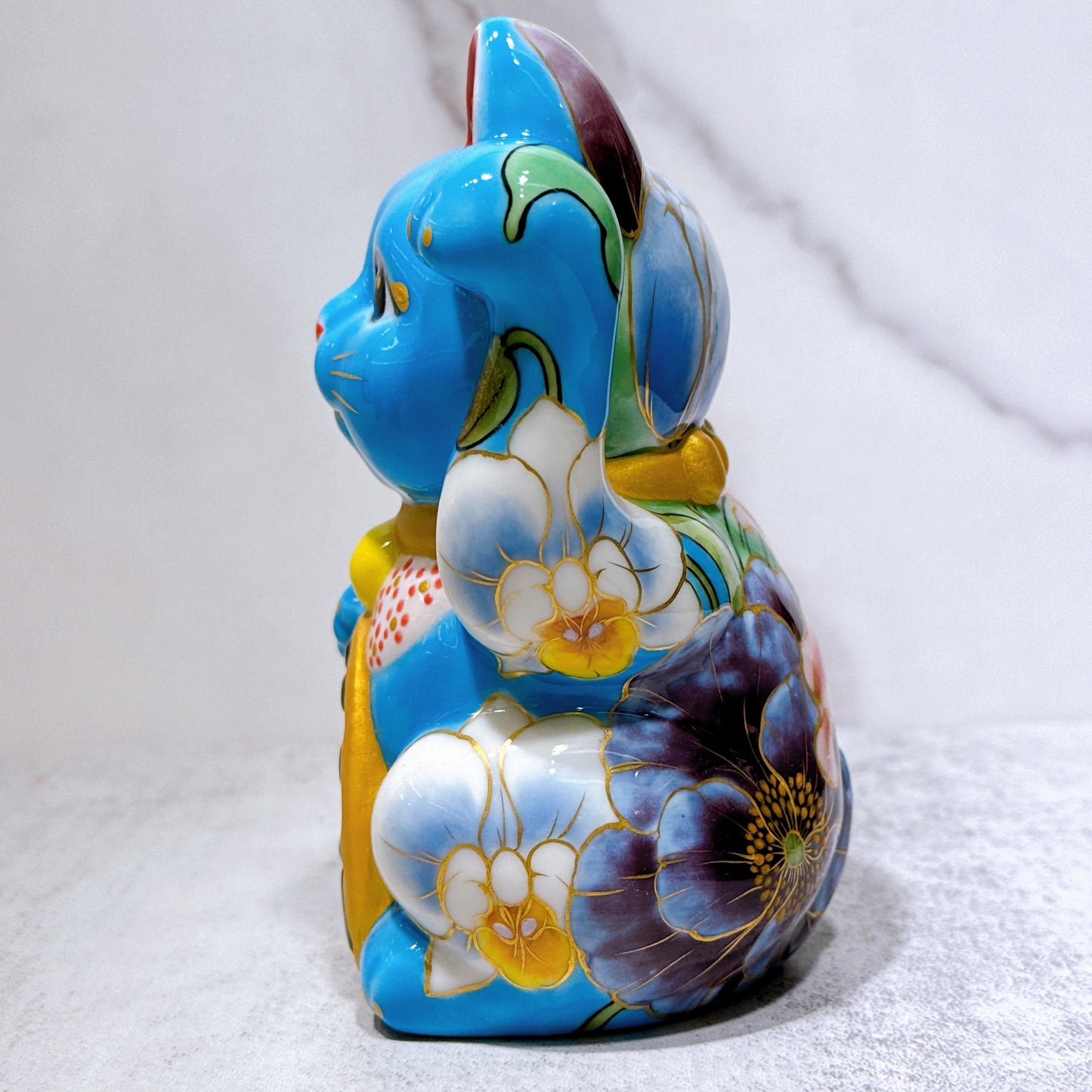 日本清水烧招财猫 色绘 水色 洋花