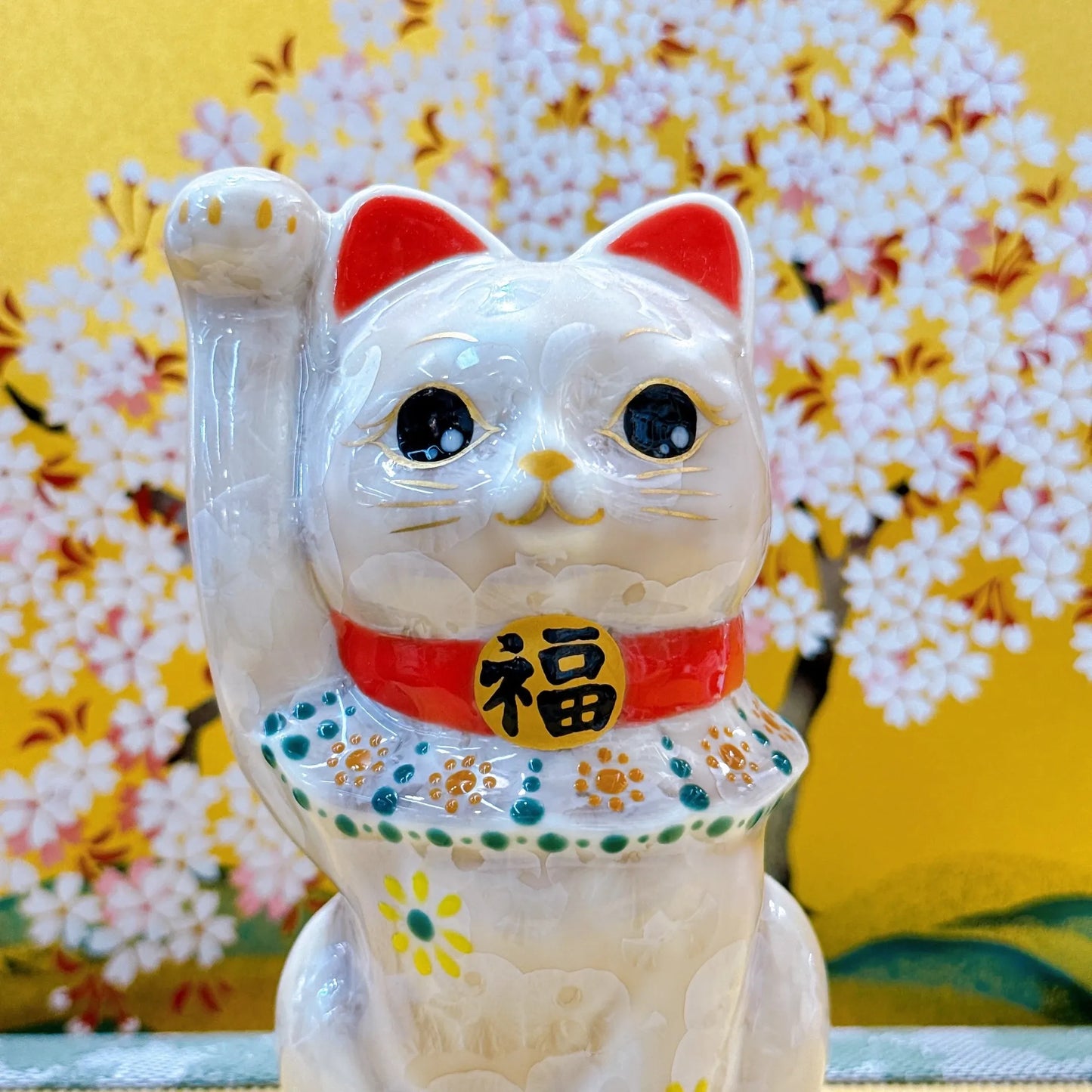 日本清水燒招財貓 花結晶 杏 億万両