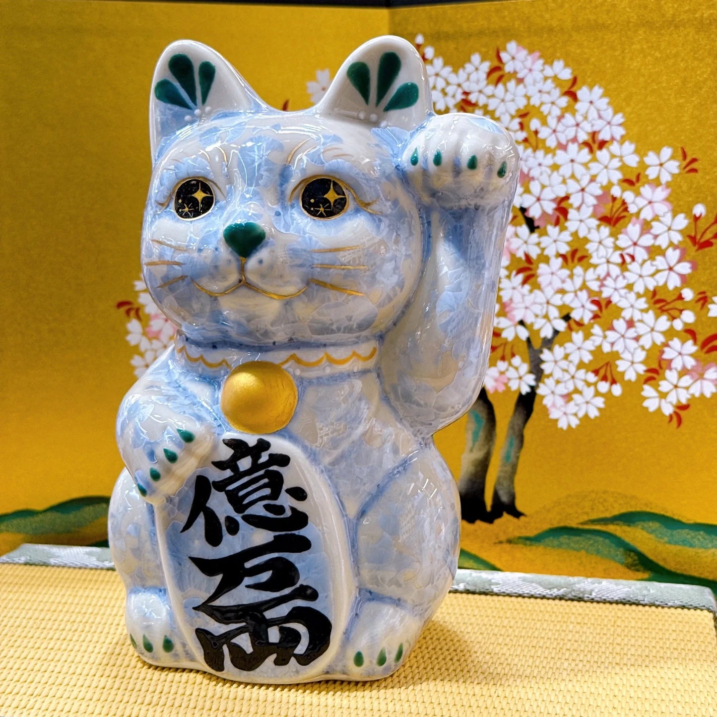 日本清水燒招財貓 花結晶 銀藤 億万両 左 中號