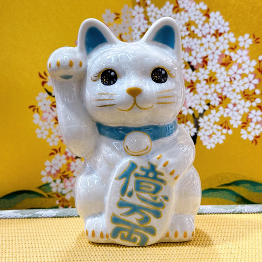 日本清水燒招財貓 花結晶 白色 億万両 右