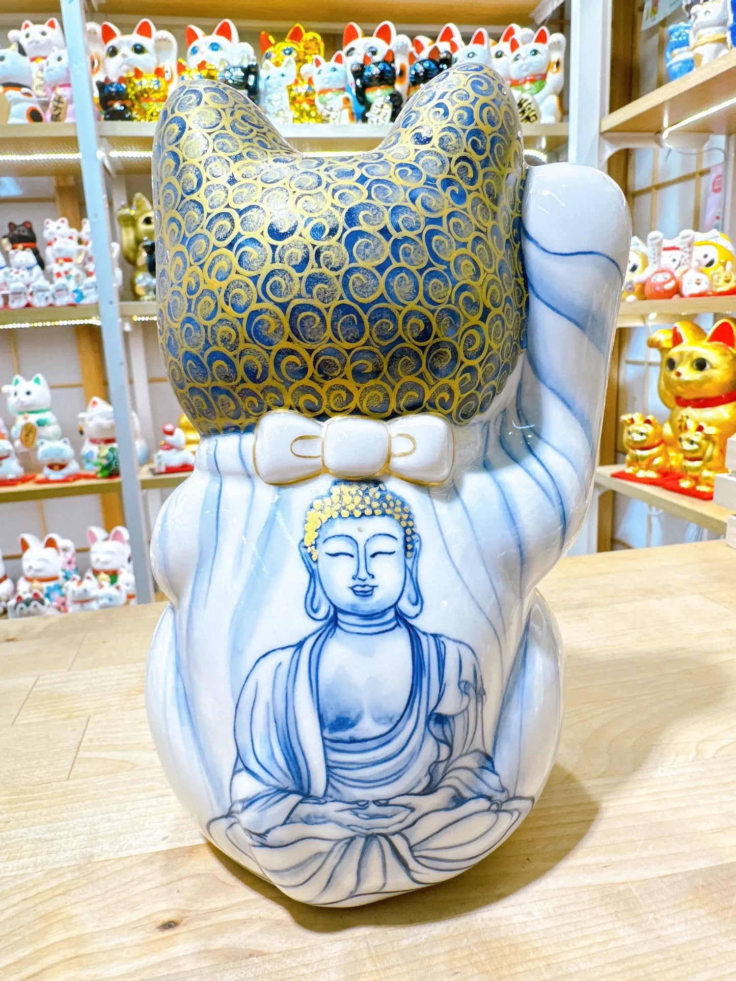日本清水燒招財貓 染付 釋迦牟尼 特大