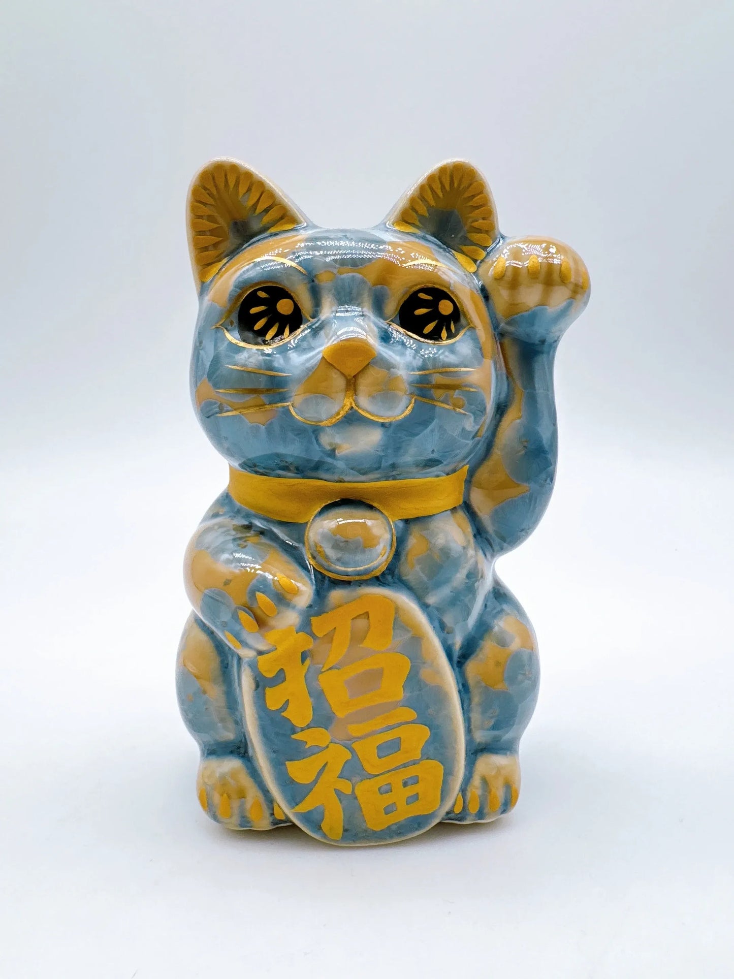 日本清水燒招財貓 花結晶 灰青 招福 左