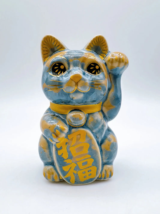 日本清水燒招財貓 花結晶 灰青 招福 左
