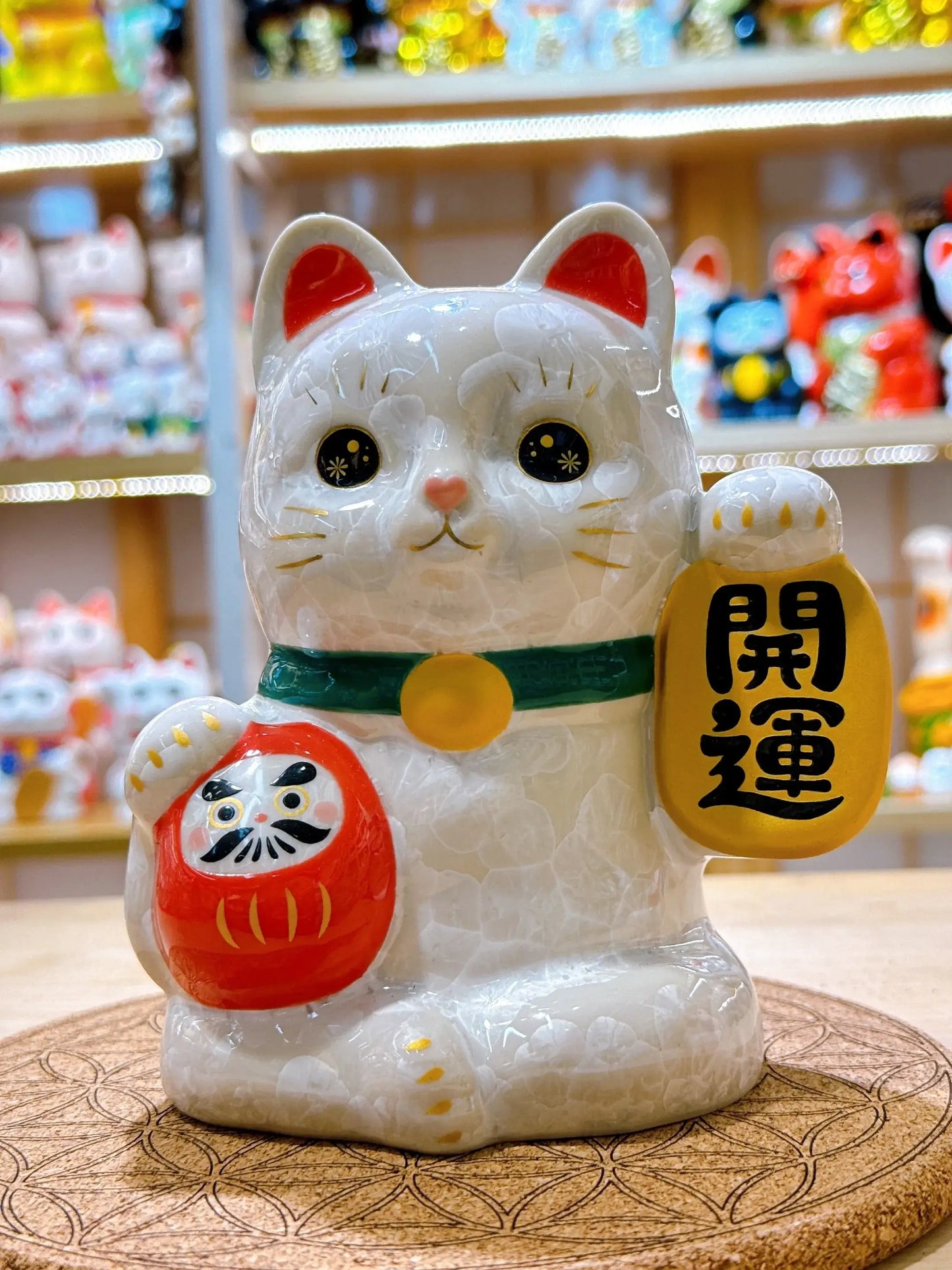 日本清水燒招財貓 花結晶 白 開運