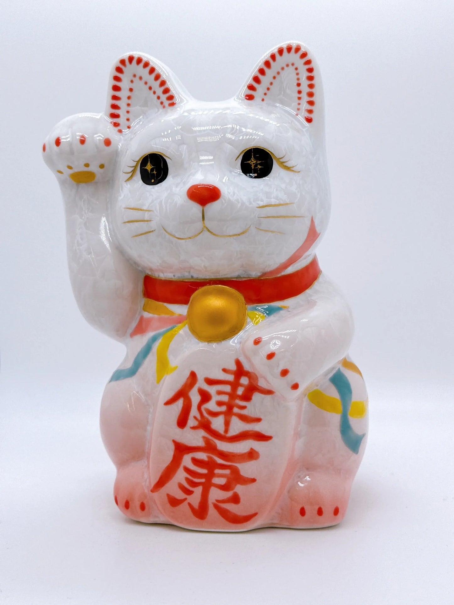 日本清水燒招財貓 花結晶 桃白 健康 特大 右
