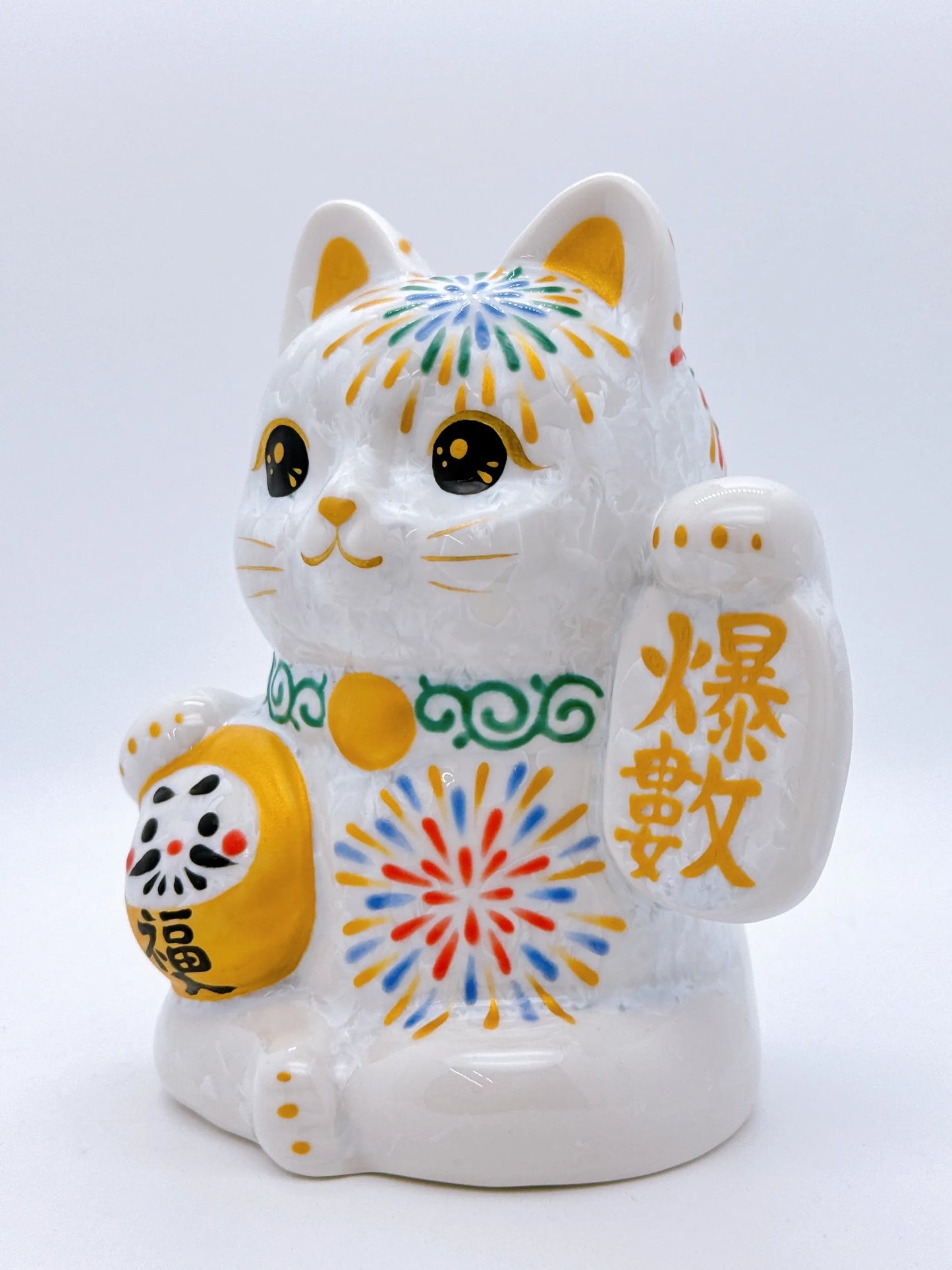 日本清水燒招財貓 達摩 花結晶 白 花火