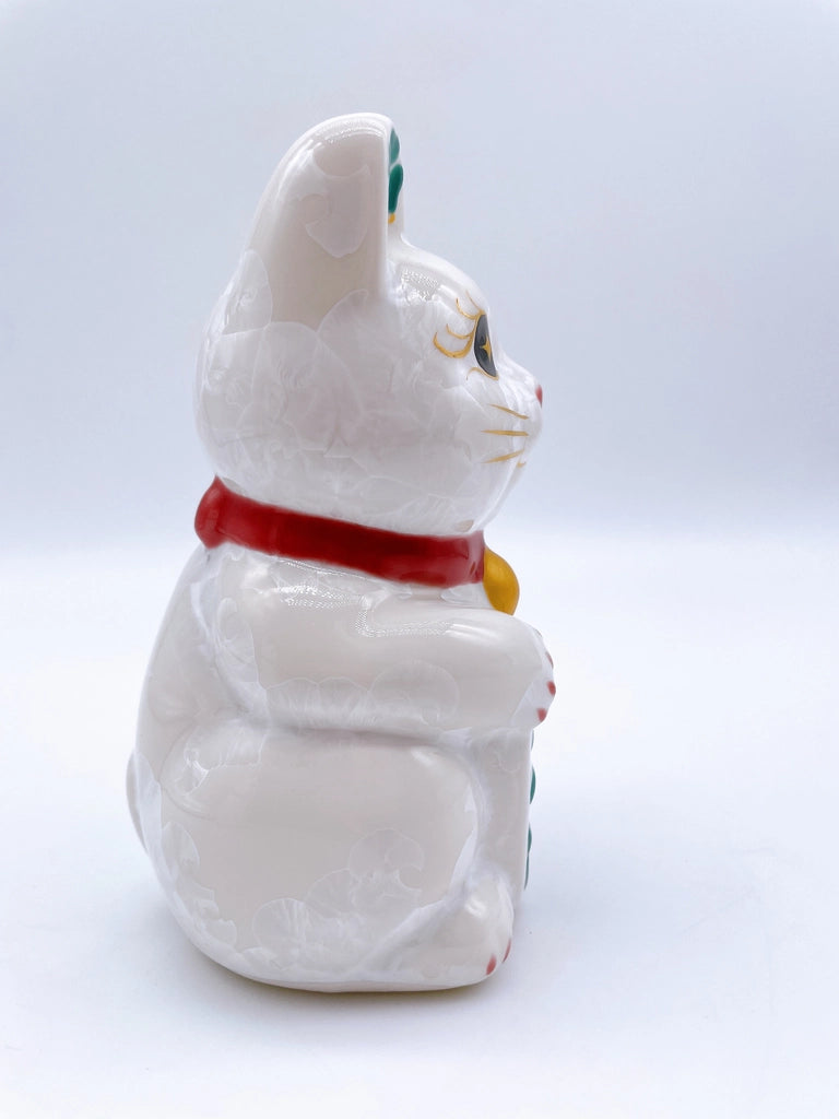 日本清水烧招财猫 花结晶 白 千万两 左