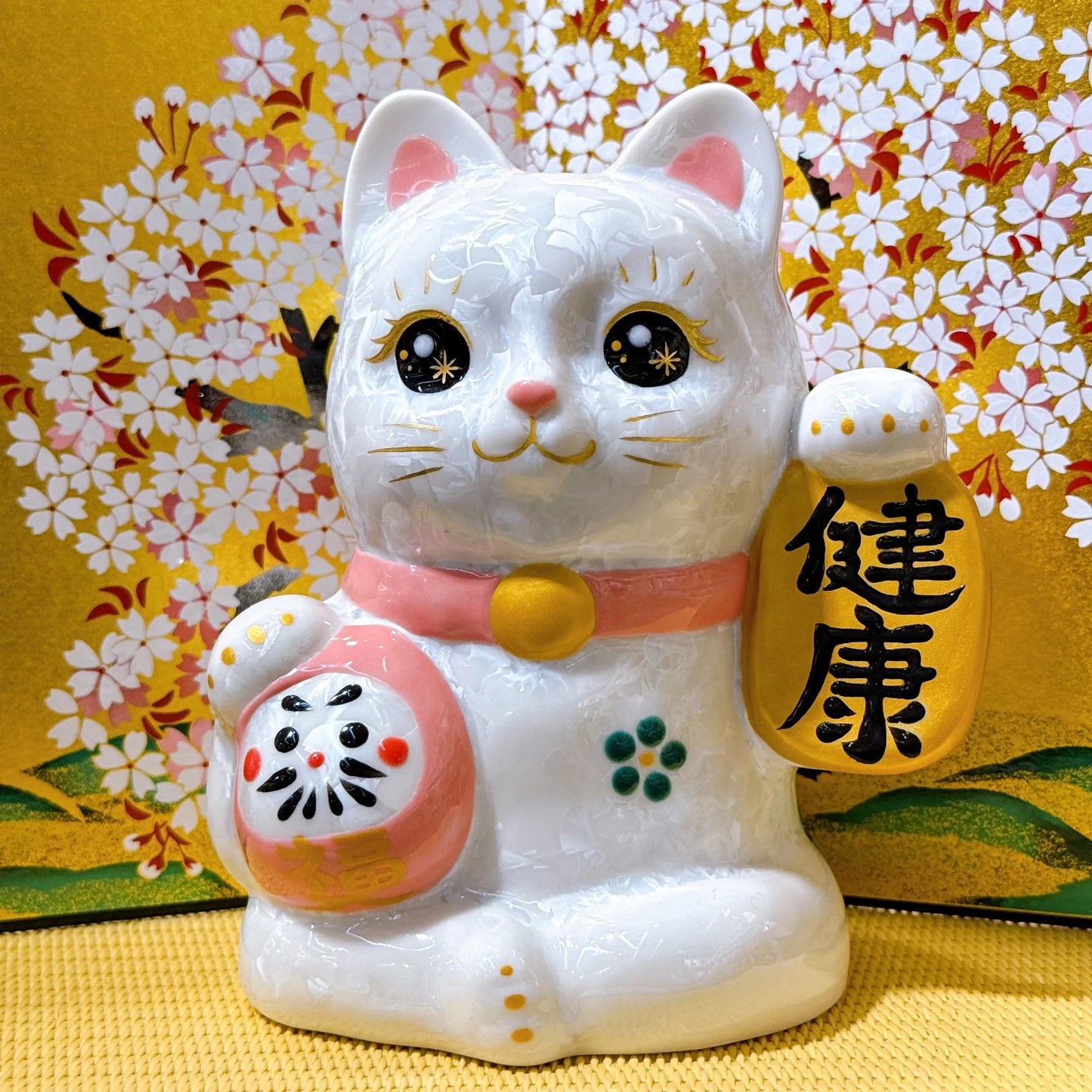 日本清水燒招財貓 達摩 花結晶 白 健康