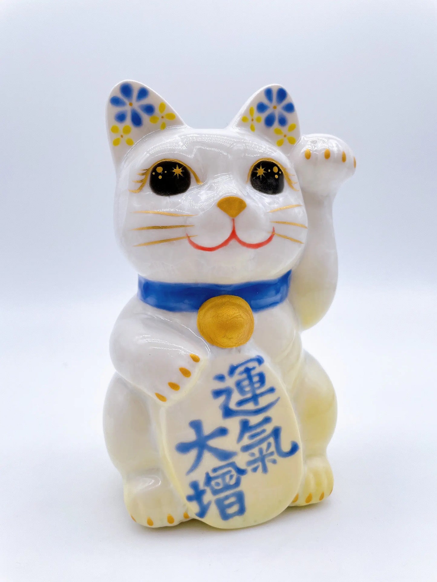 日本清水烧招财猫 花结晶 黄白 运气大增