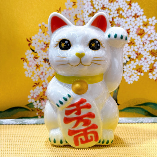 日本清水燒招財貓 花結晶 黃白 千万両 左