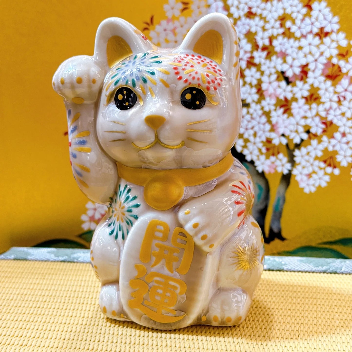 日本清水燒招財貓 花結晶 杏 花火 開運