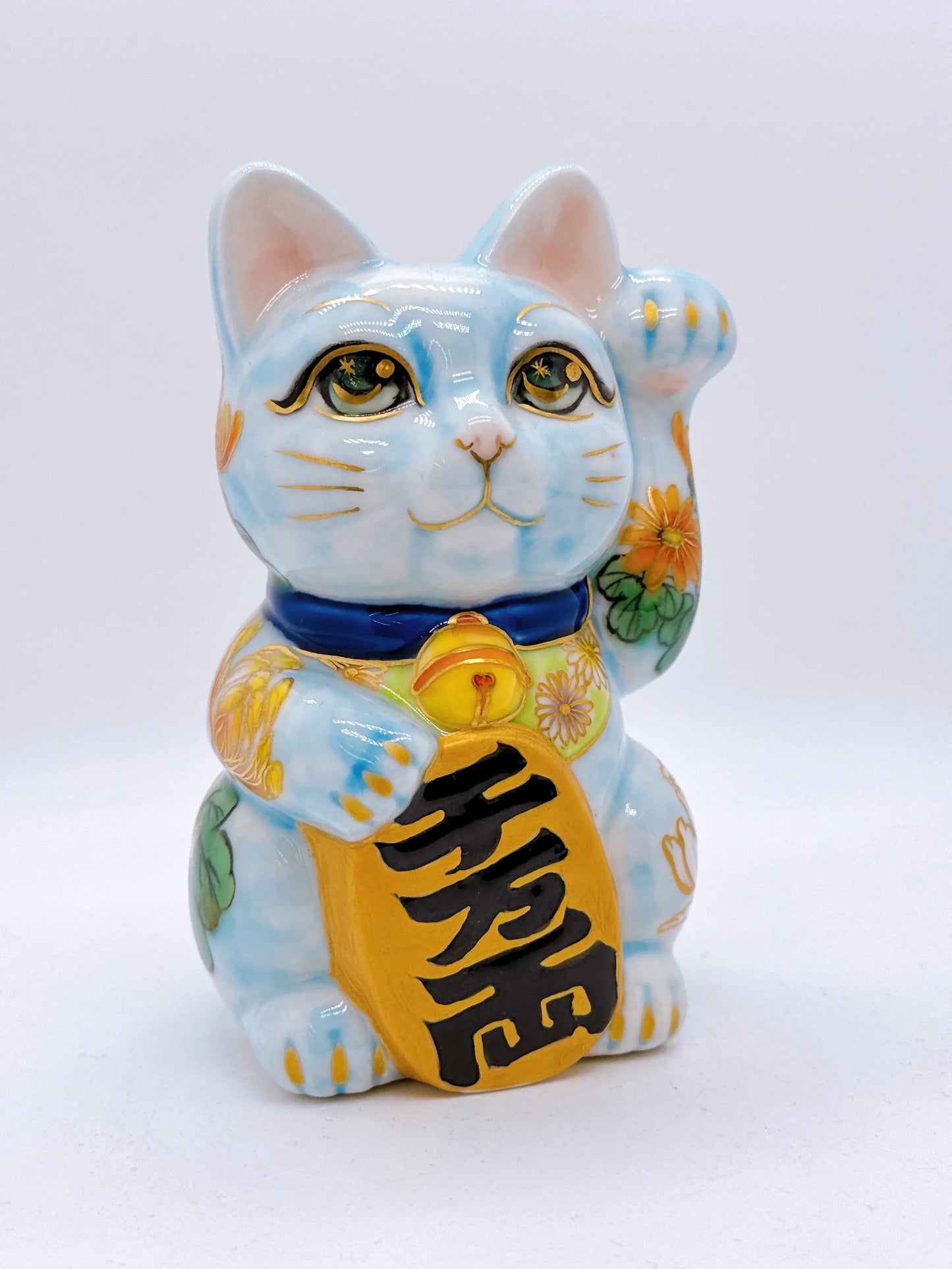 日本清水烧招财猫 水色地菊