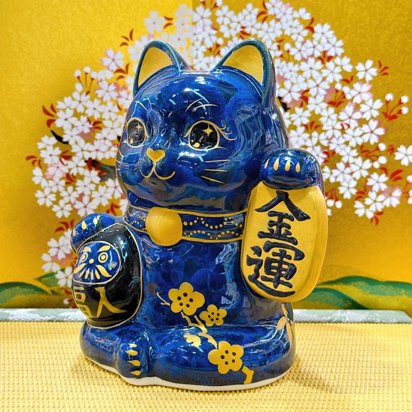 日本清水燒招財貓 達摩 花結晶 青墨 金運
