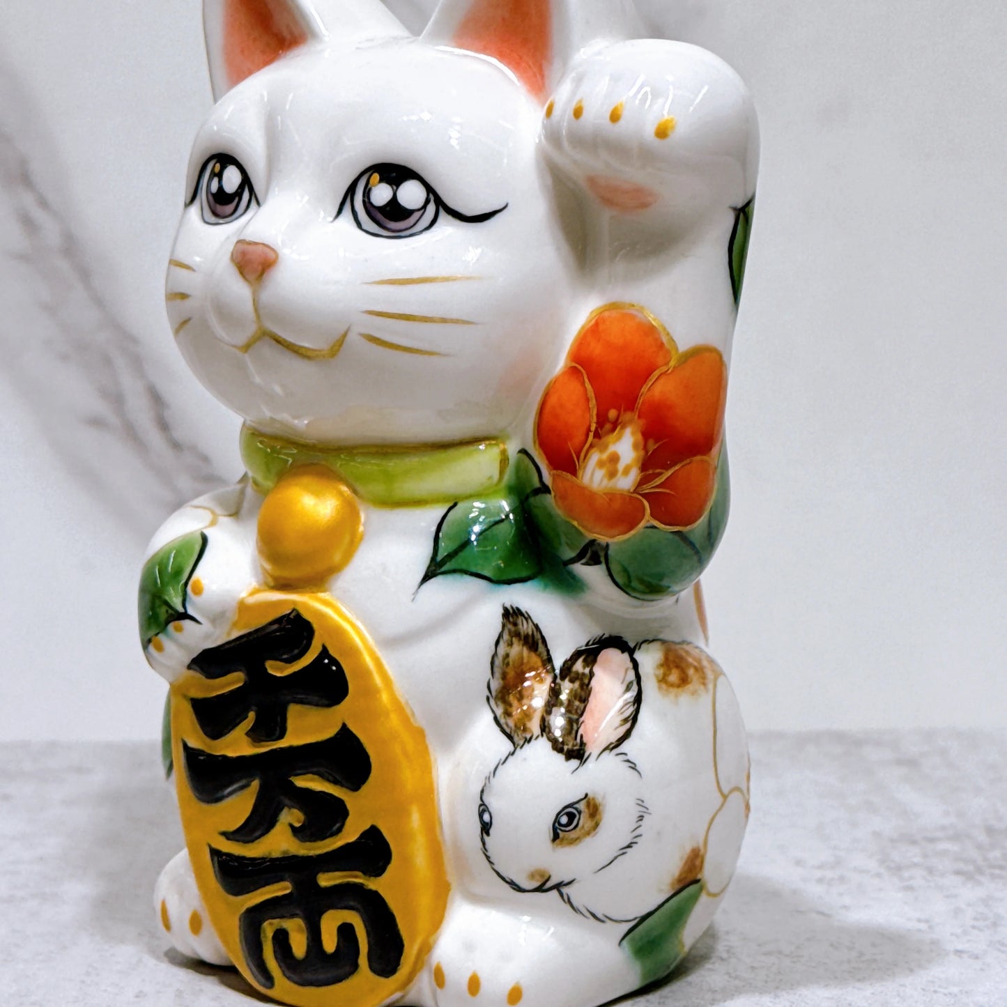 日本清水燒招財貓 色繪 榕花小兔