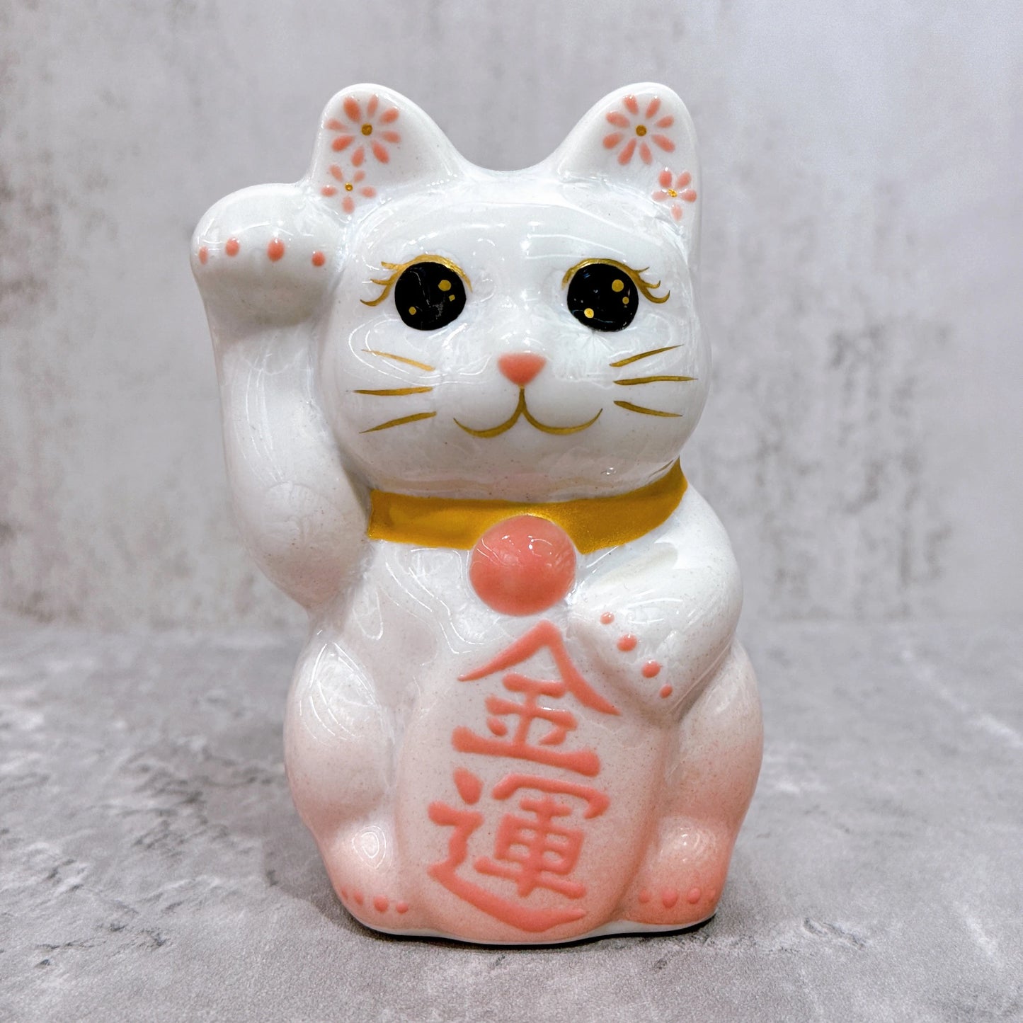 日本清水燒招財貓 花結晶 桃白 金運 右 特小