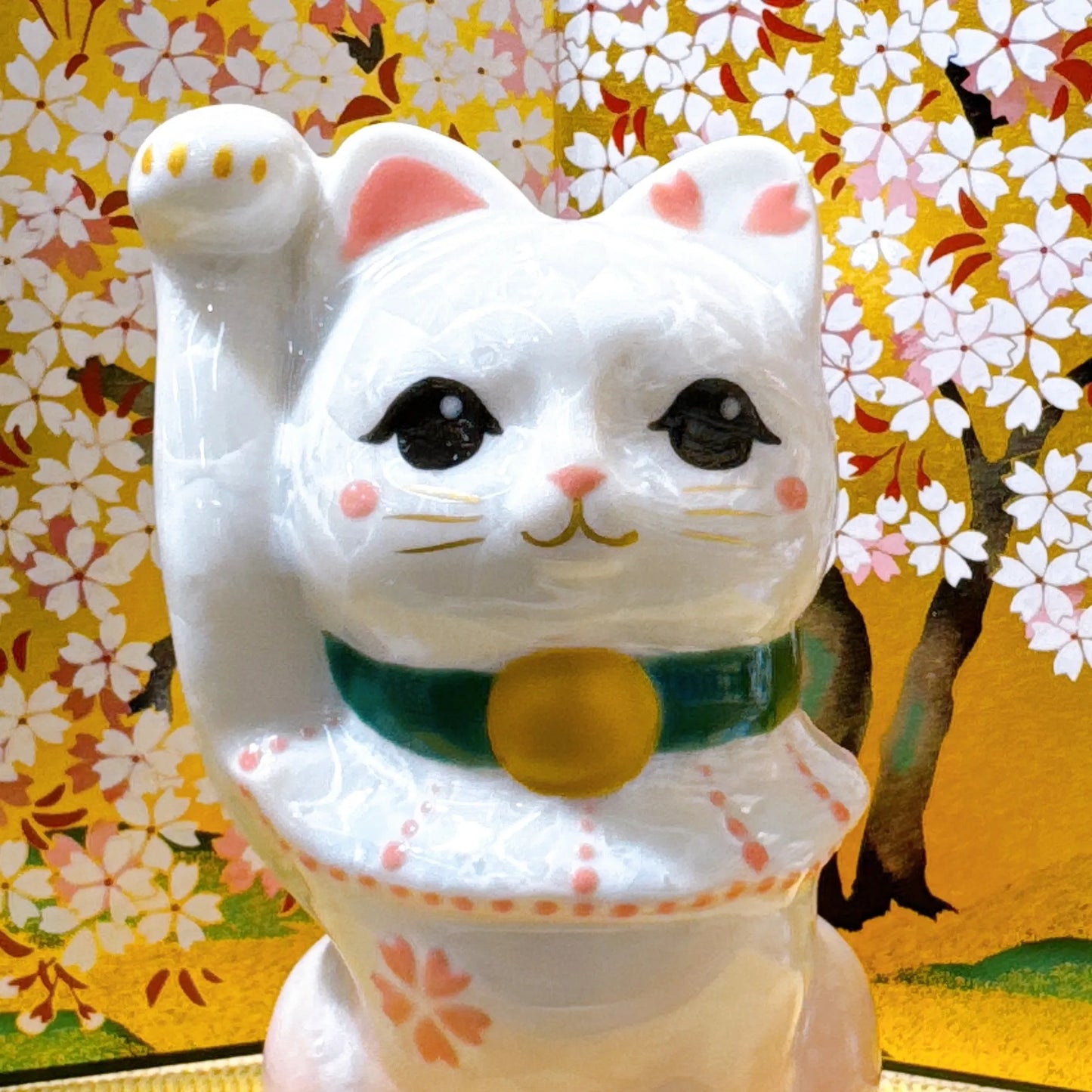 日本清水烧招财猫 花结晶 桃白 开运招福