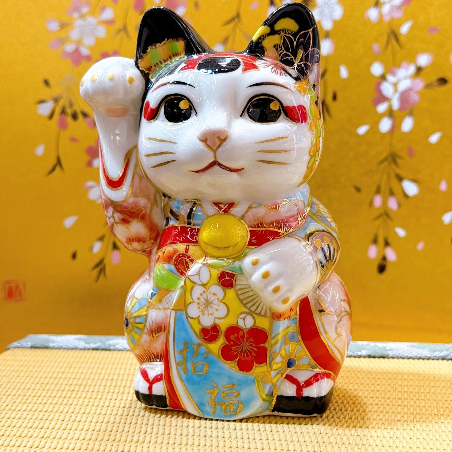 日本清水烧招财猫 色绘 舞伎玄华