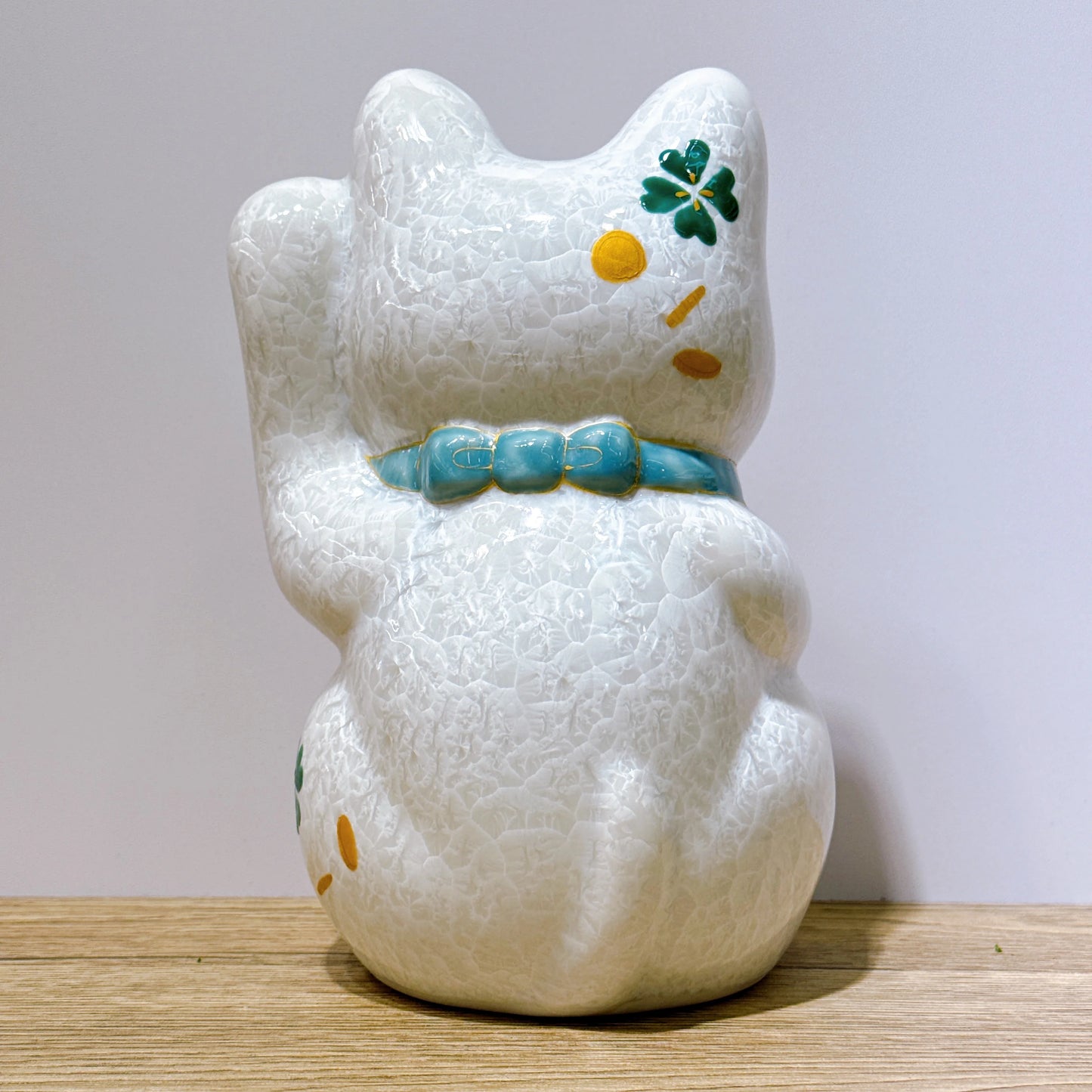 日本清水燒招財貓 花結晶 白 億万両 特大 左