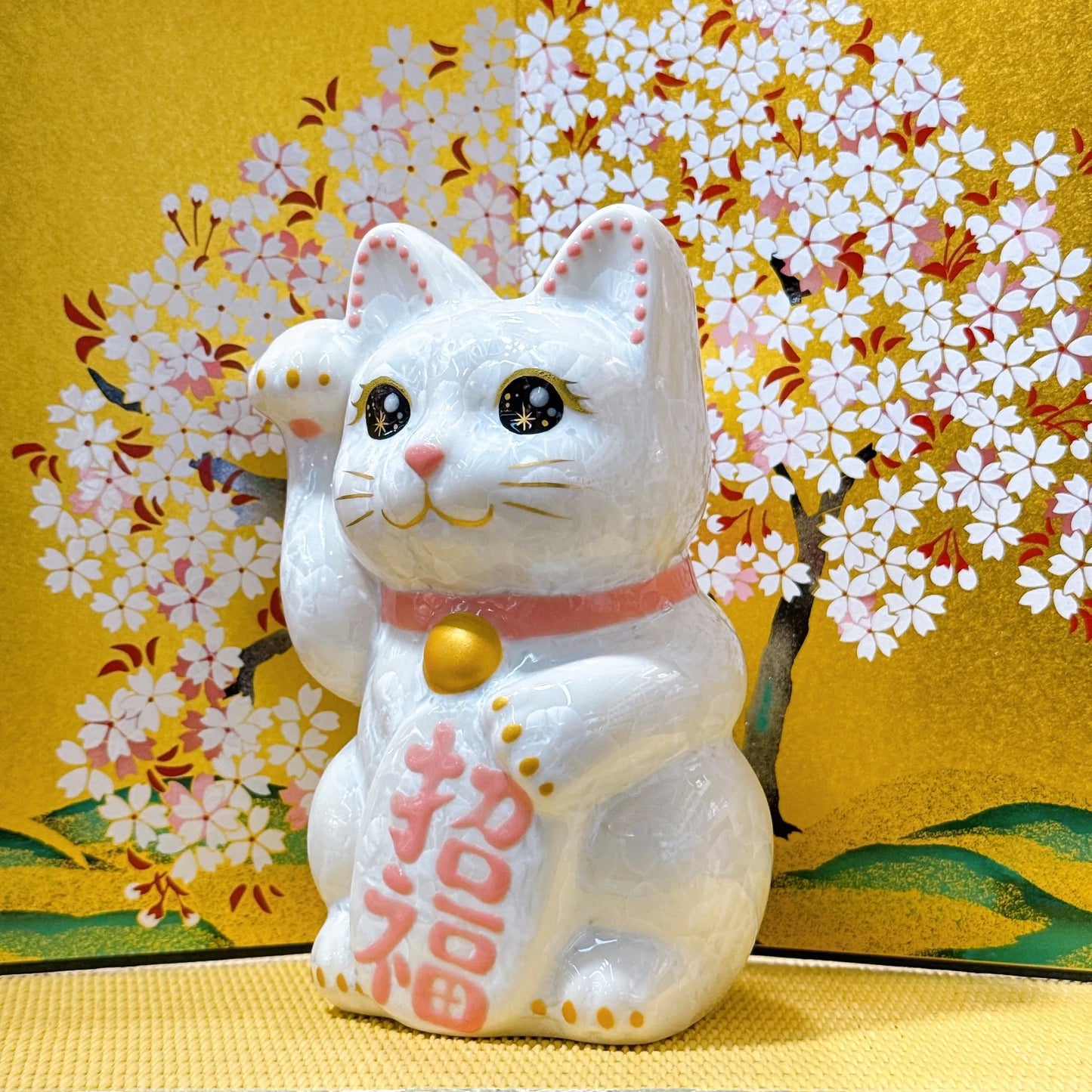 日本清水燒招財貓 花結晶 白 招福 右