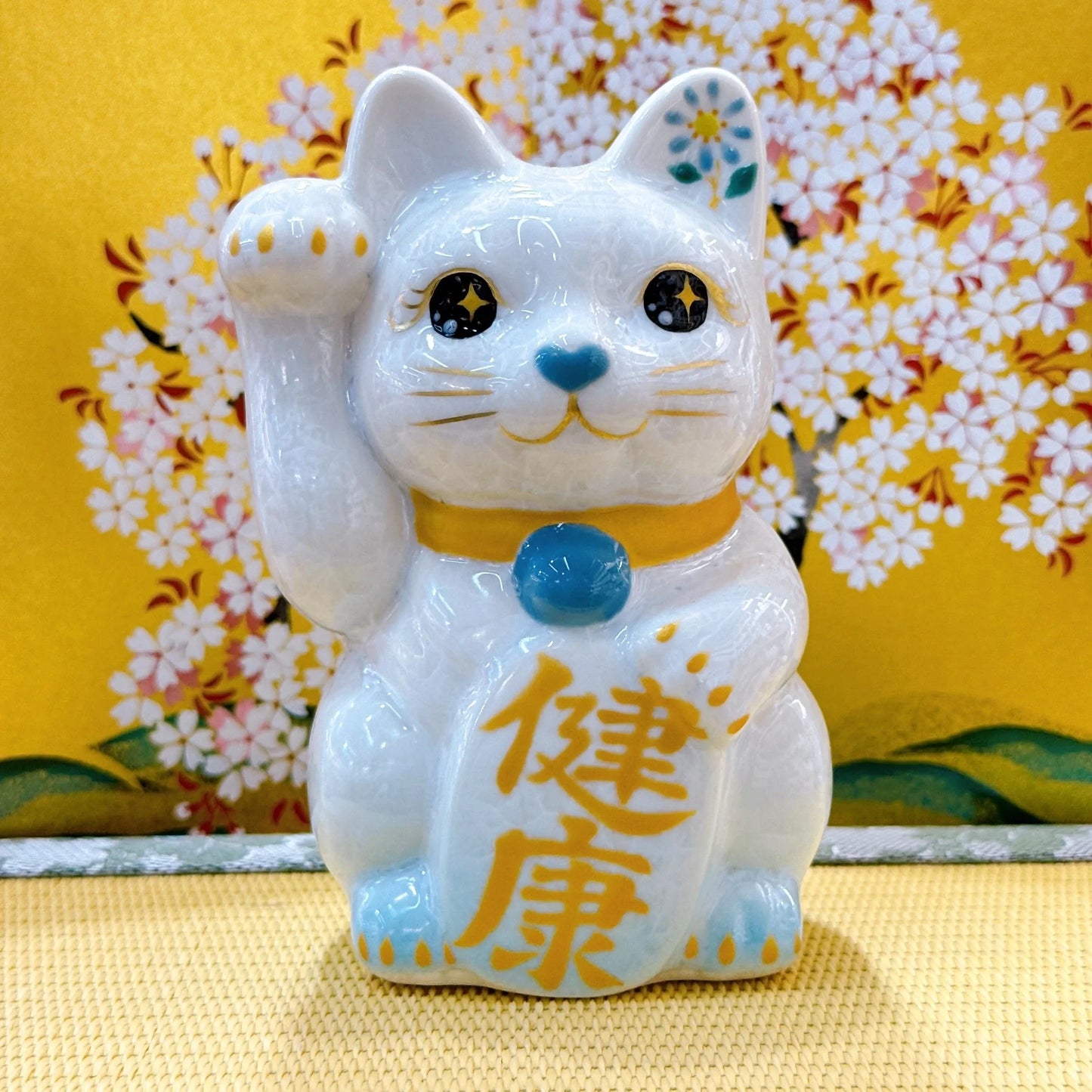 日本清水燒招財貓 花結晶 水白 健康 右