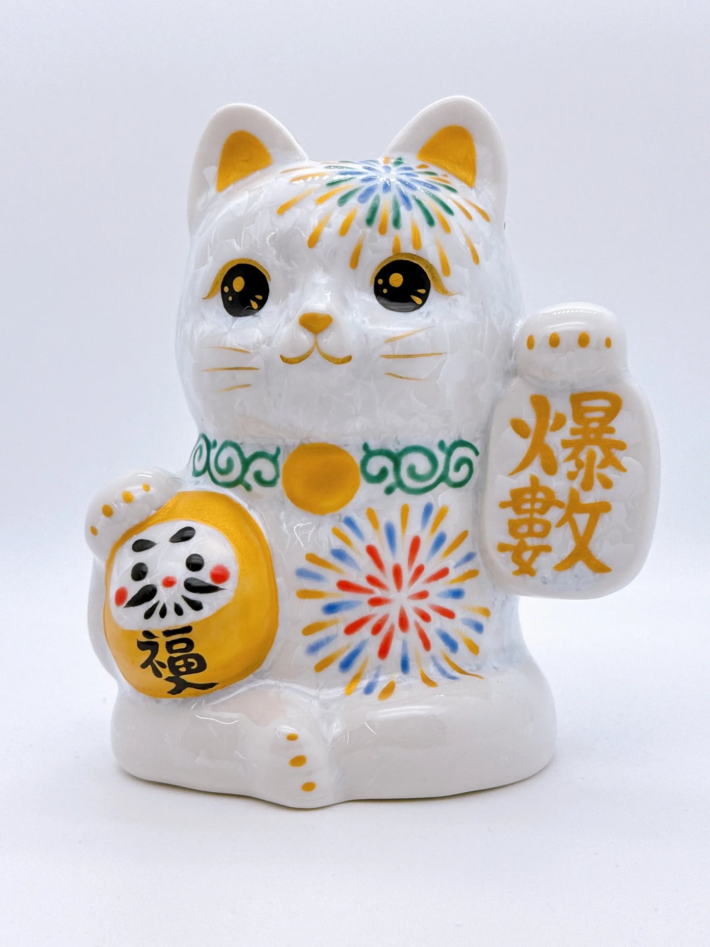 日本清水燒招財貓 達摩 花結晶 白 花火