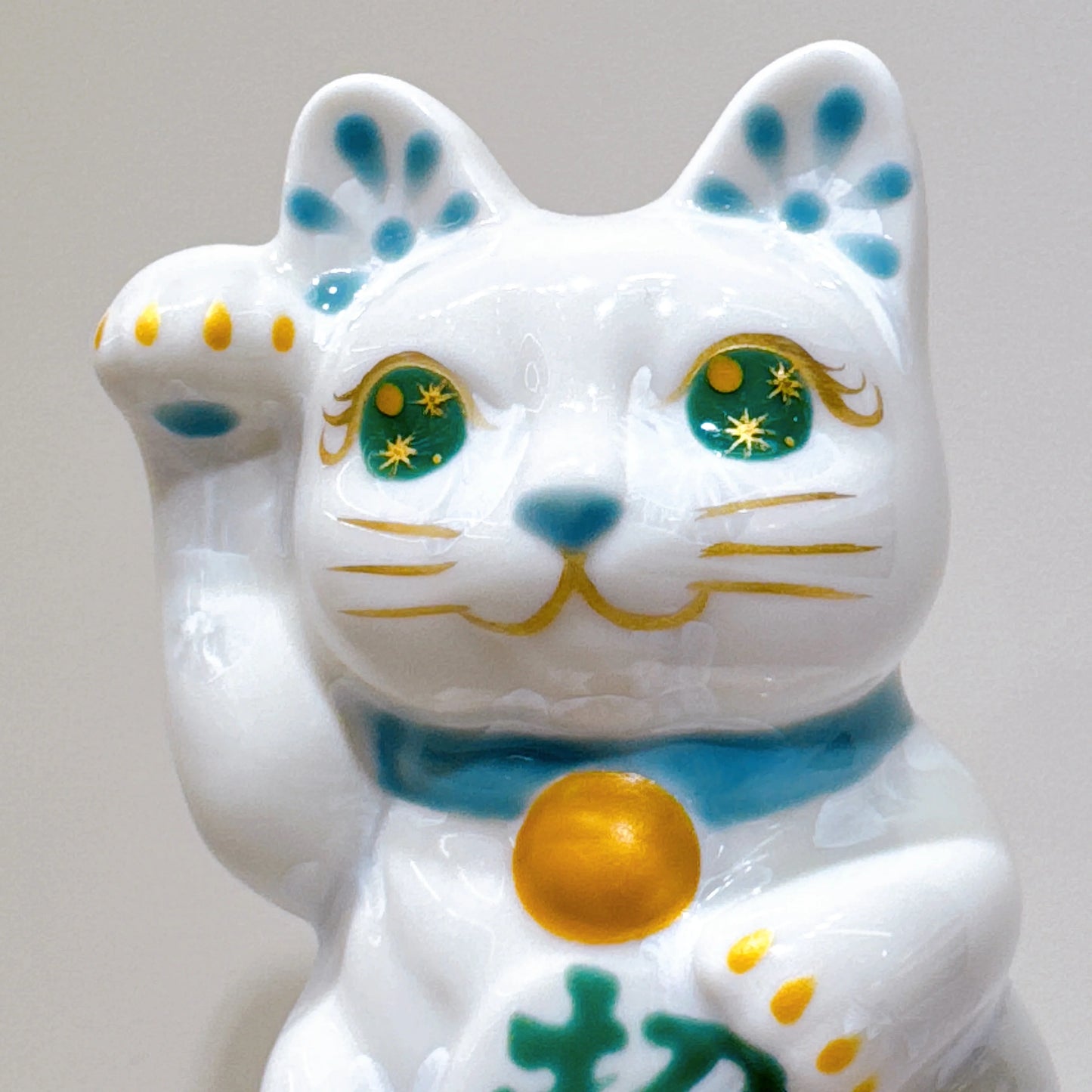 日本清水燒招財貓 花結晶 青白 招福 右 特小