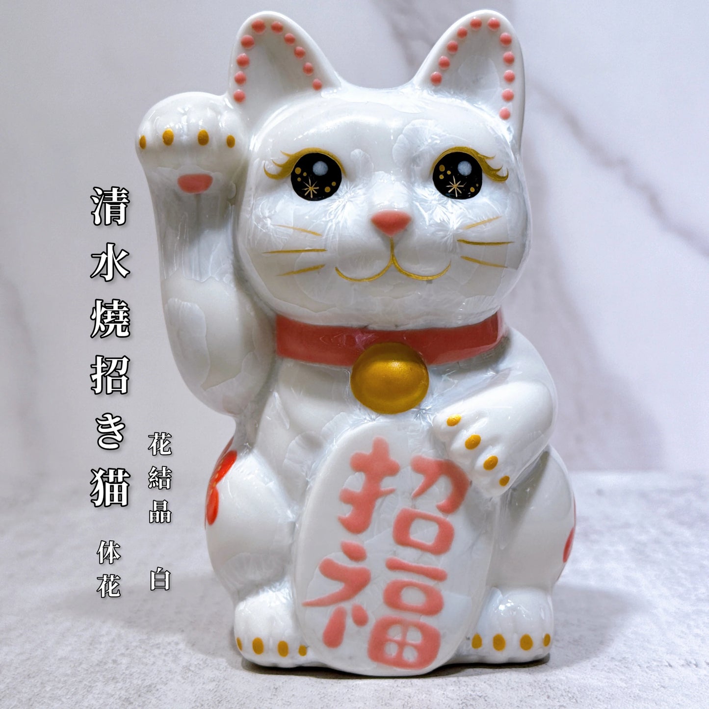 日本清水燒招財貓 花結晶 白 体花 招福 右