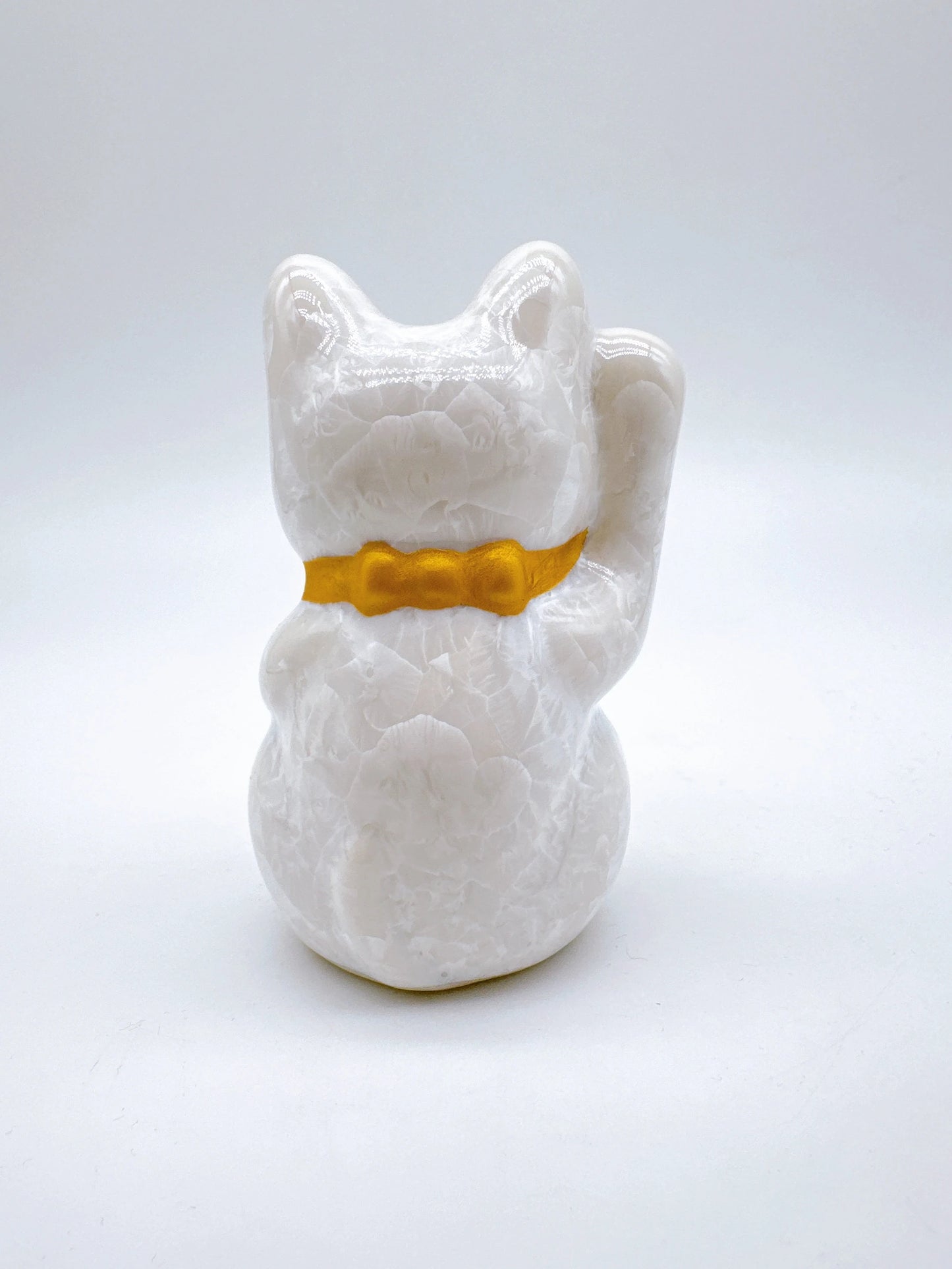 日本清水烧招财猫 花结晶 白 开运 右 特小