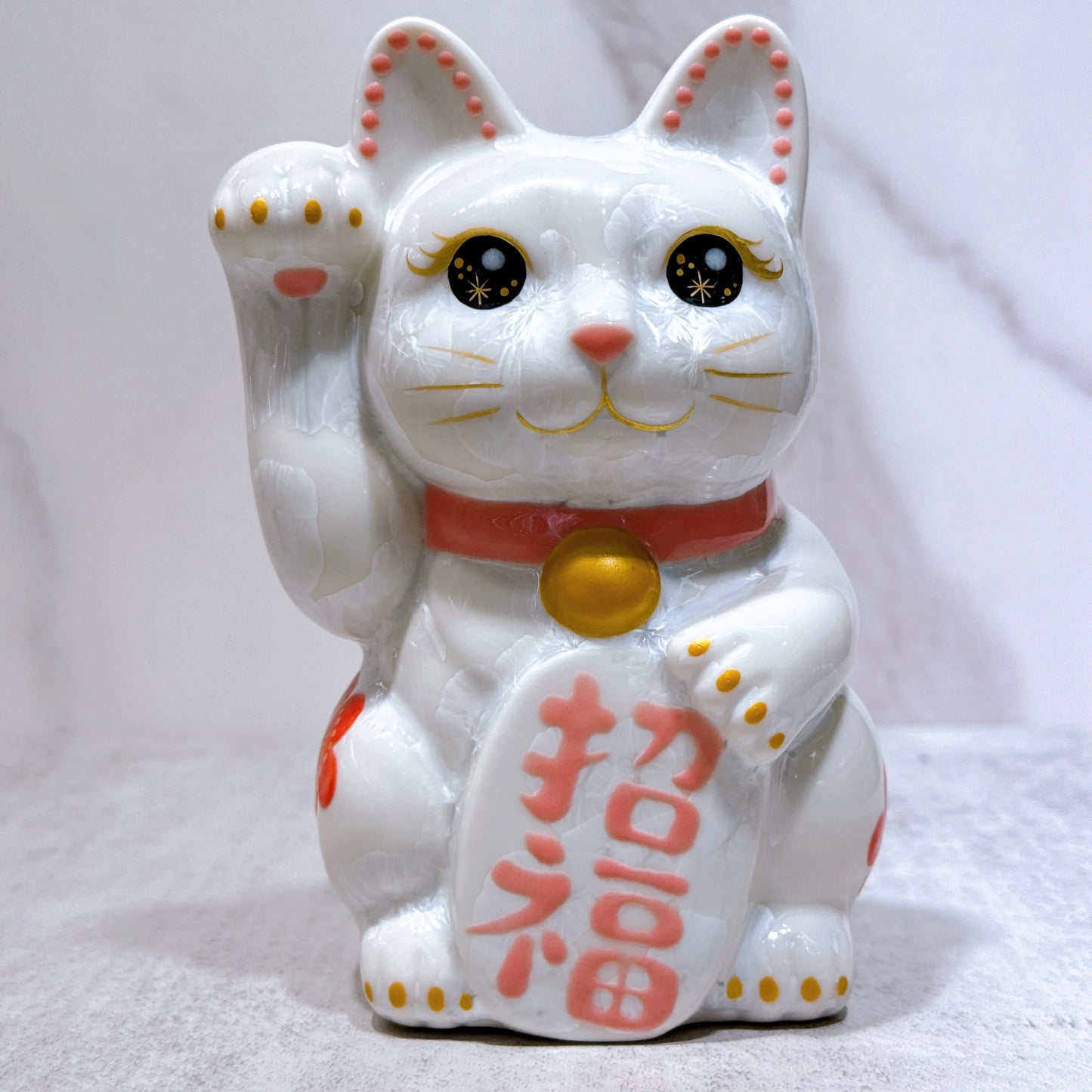 日本清水燒招財貓 花結晶 白 体花 招福 右