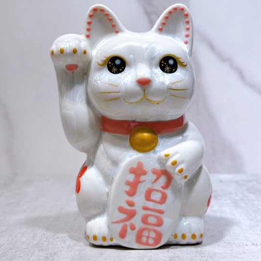 日本清水燒招財貓 花結晶 白 体花 招福 右