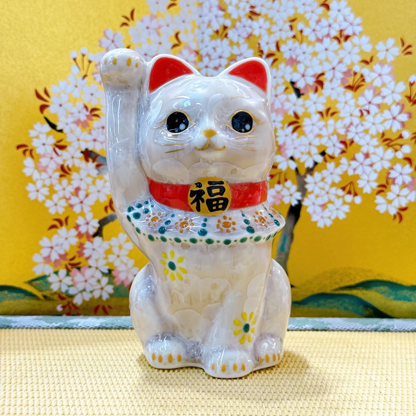 日本清水燒招財貓 花結晶 杏 億万両
