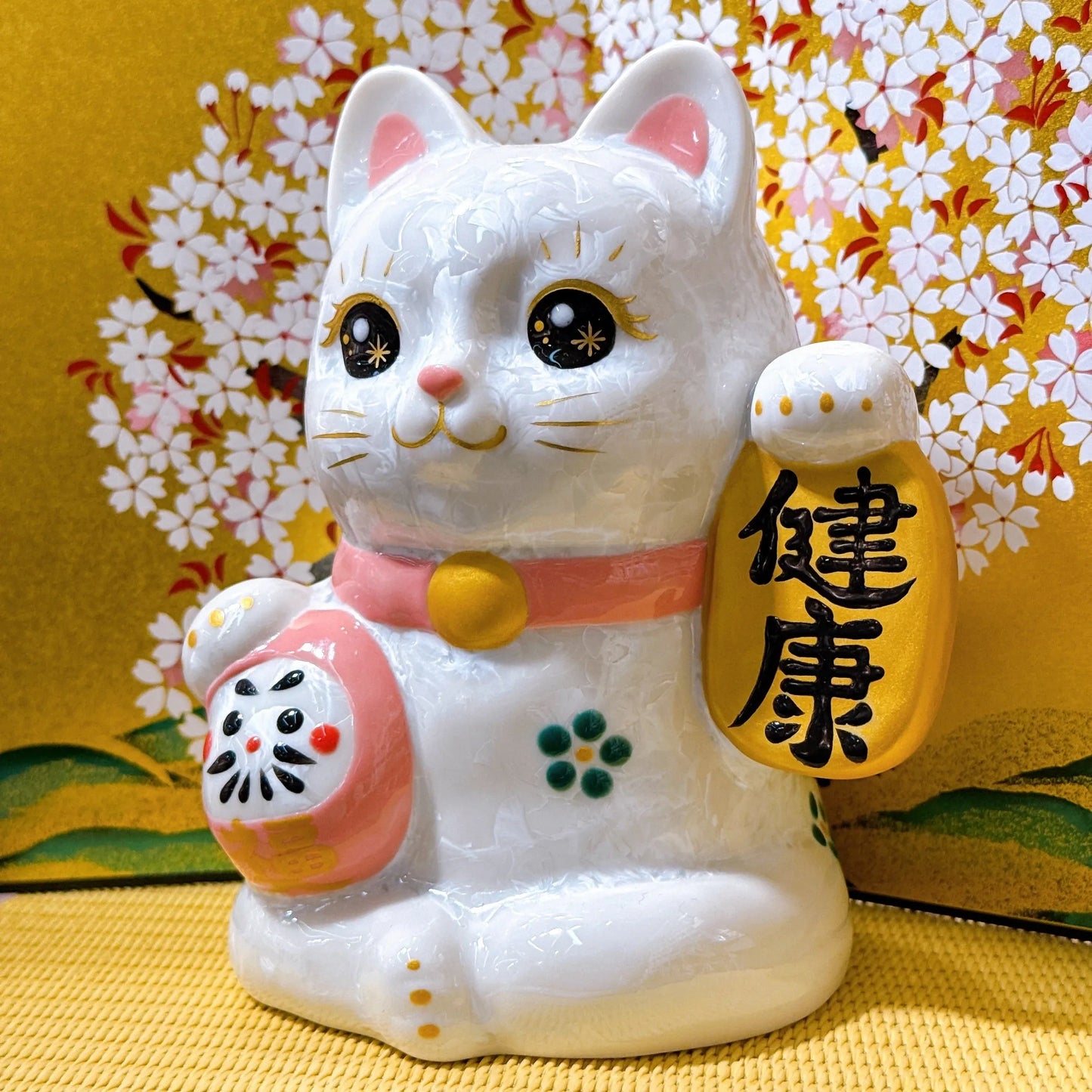 日本清水燒招財貓 達摩 花結晶 白 健康