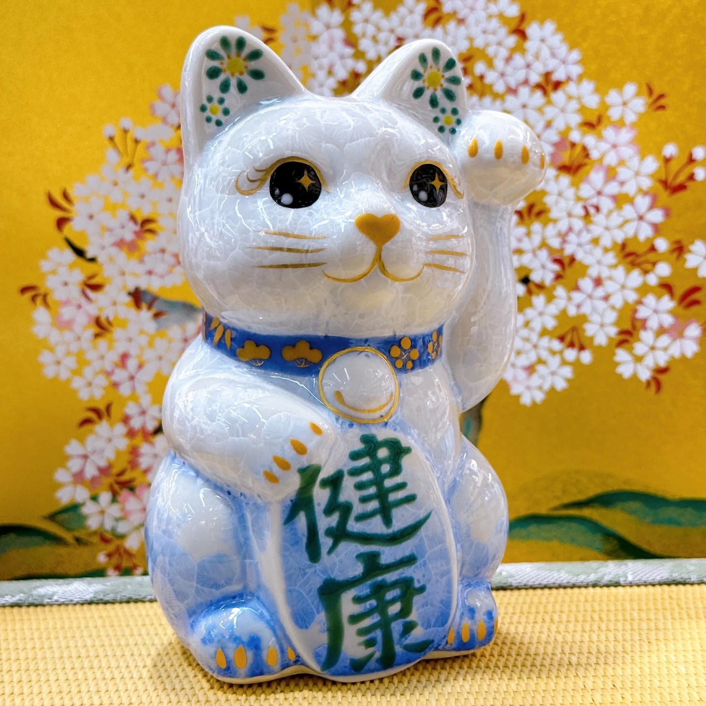 日本清水燒招財貓 花結晶 青白 健康 左