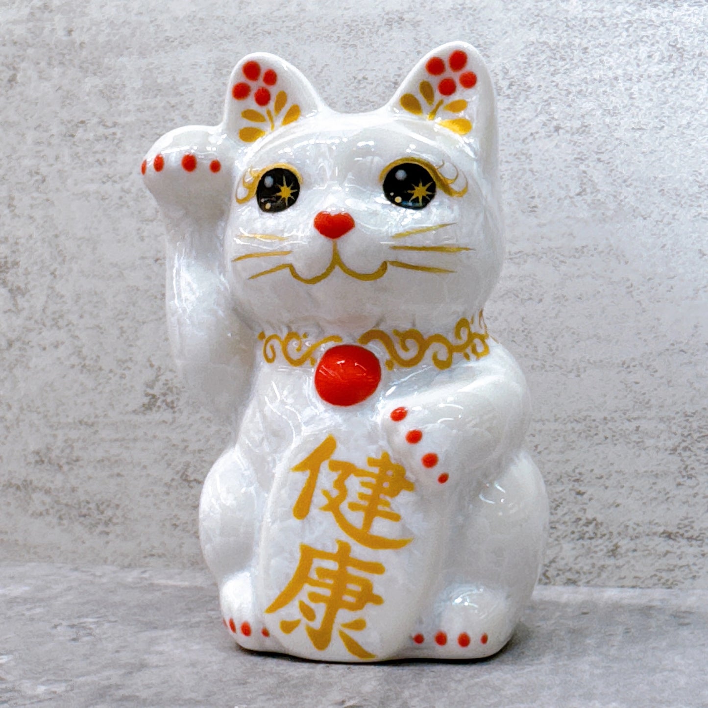 日本清水燒招財貓 花結晶 白 健康 右 特小