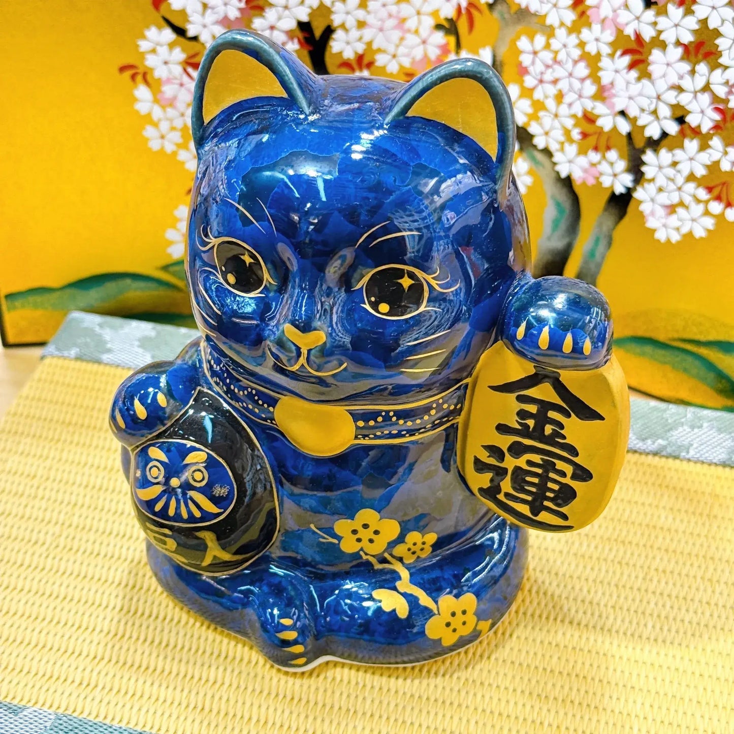 日本清水燒招財貓 達摩 花結晶 青墨 金運