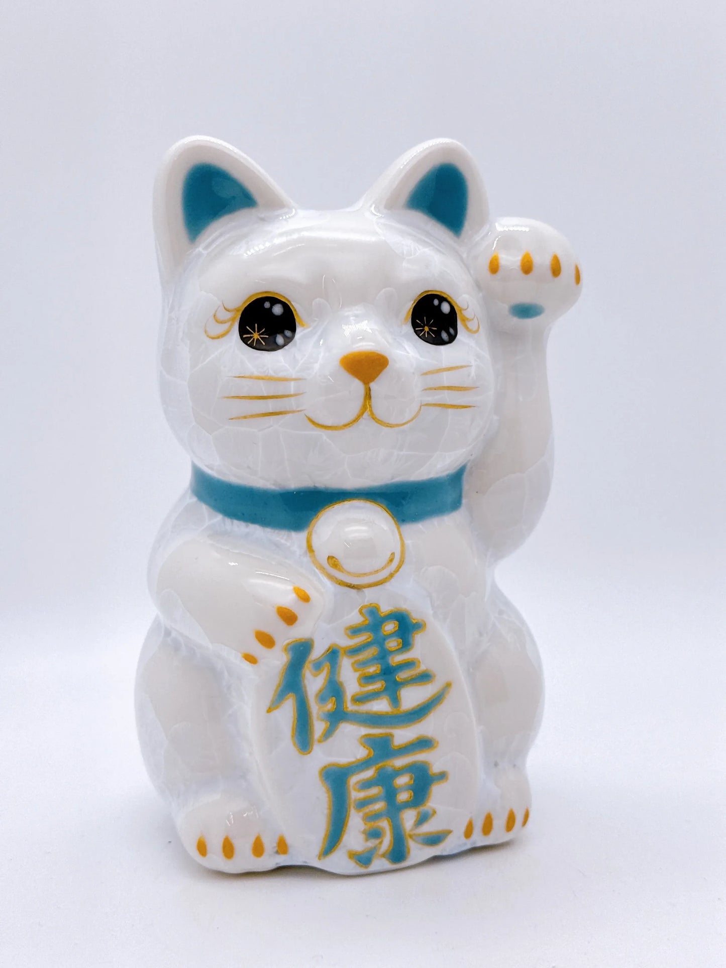 日本清水烧招财猫 花结晶 白色 健康 左