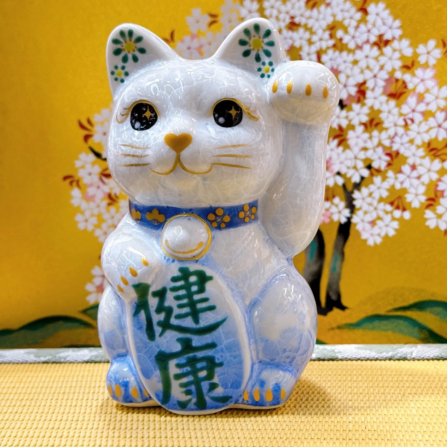 日本清水燒招財貓 花結晶 青白 健康 左