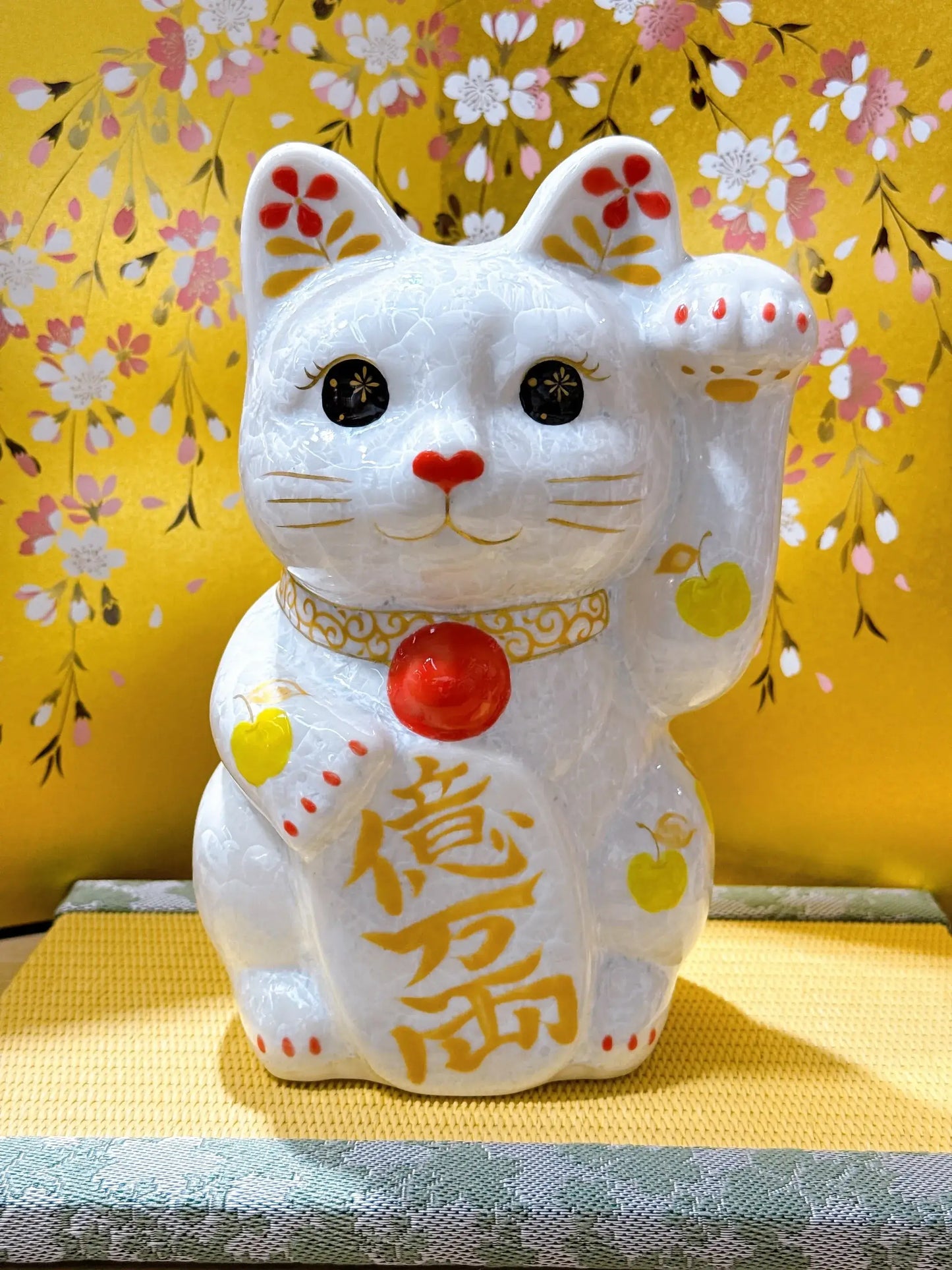 日本清水燒招財貓 花結晶 白 億万両 特大 左