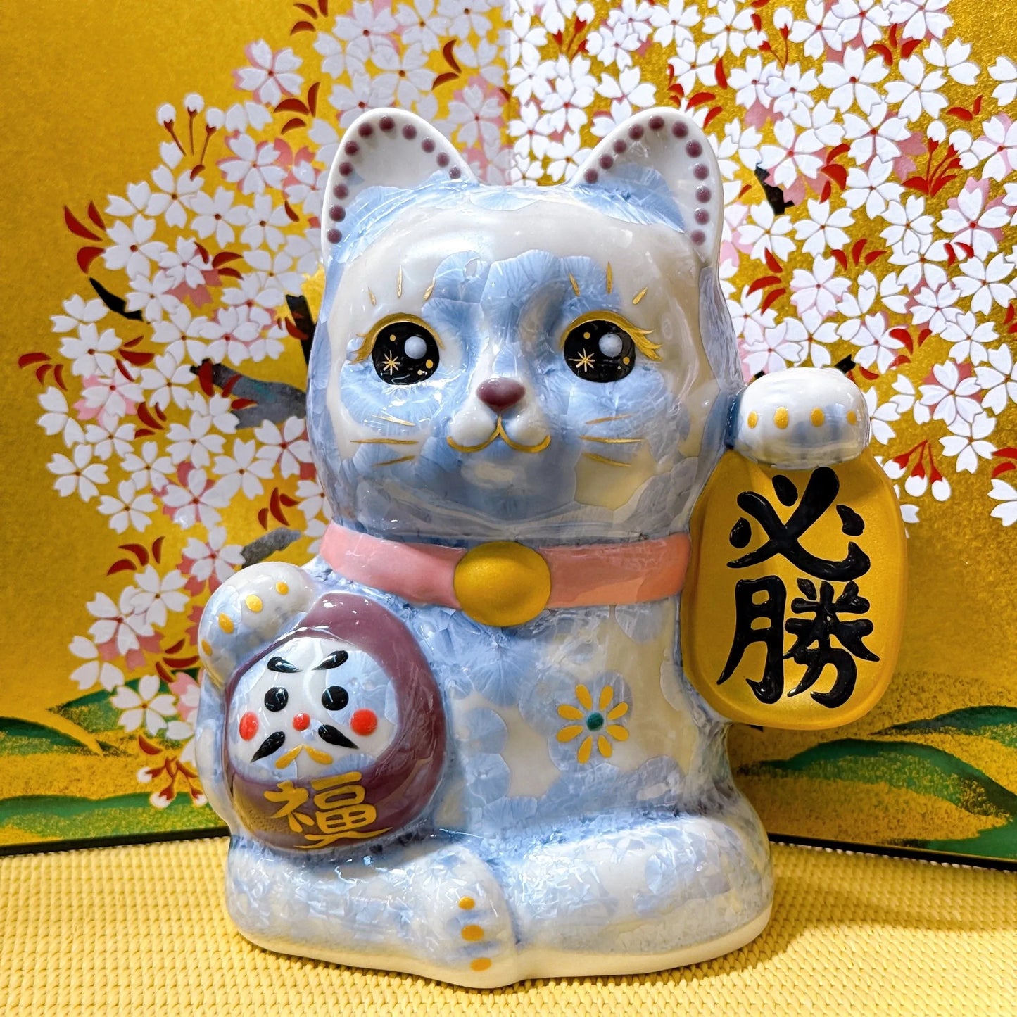 日本清水燒招財貓 達摩 花結晶 銀藤 必勝