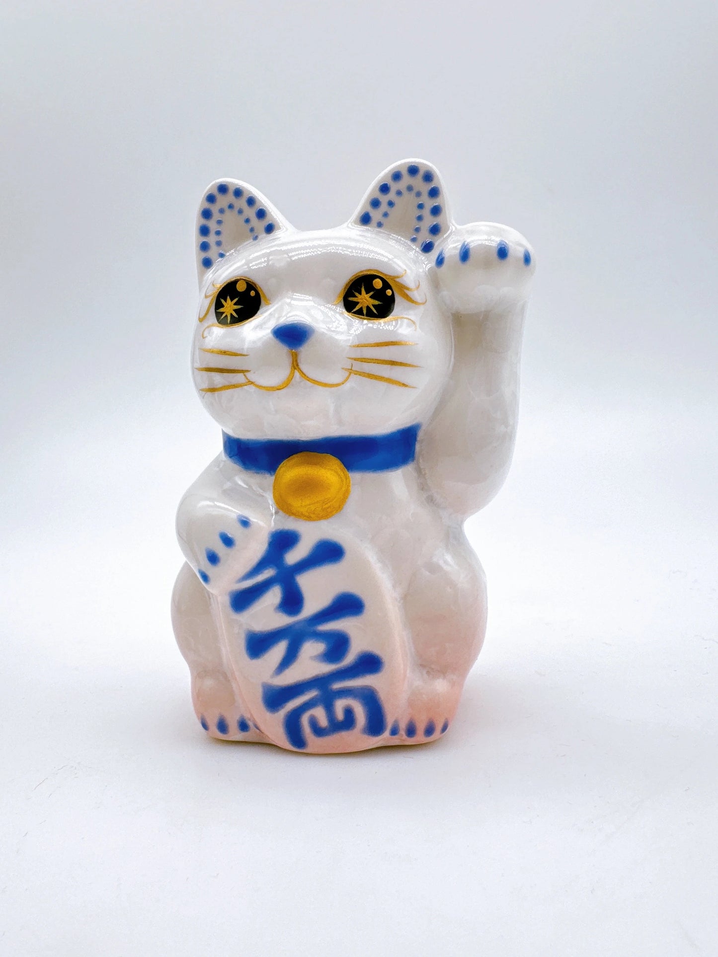 日本清水燒招財貓 花結晶 桃白 千万両 左 特小
