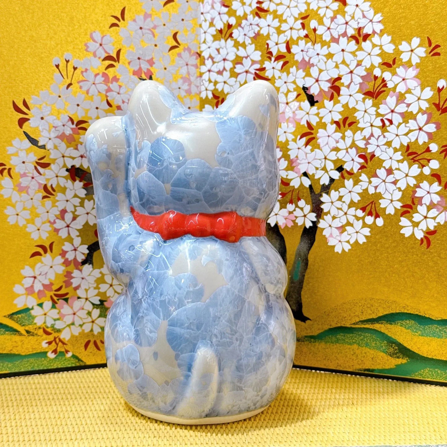 日本清水燒招財貓 花結晶 銀藤 千万両 左