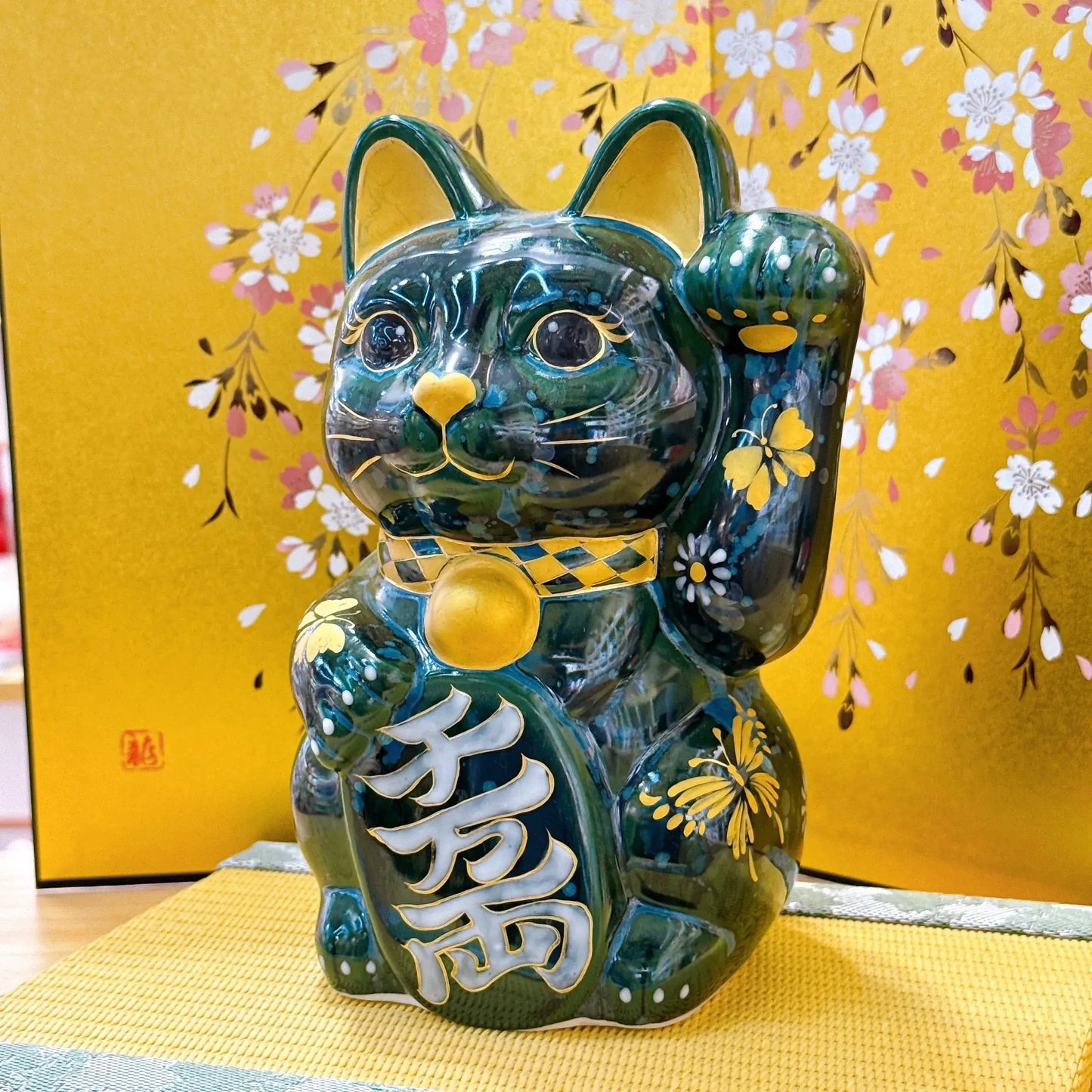 日本清水燒招財貓 古地深綠 特大