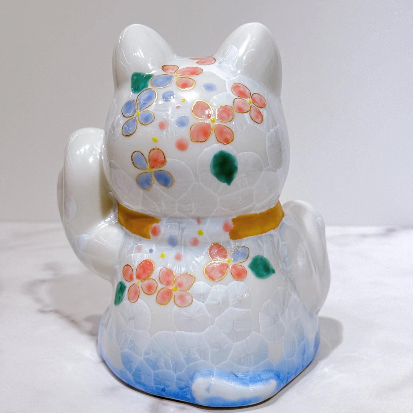 日本清水燒招財貓 達摩 花結晶 青白 体花