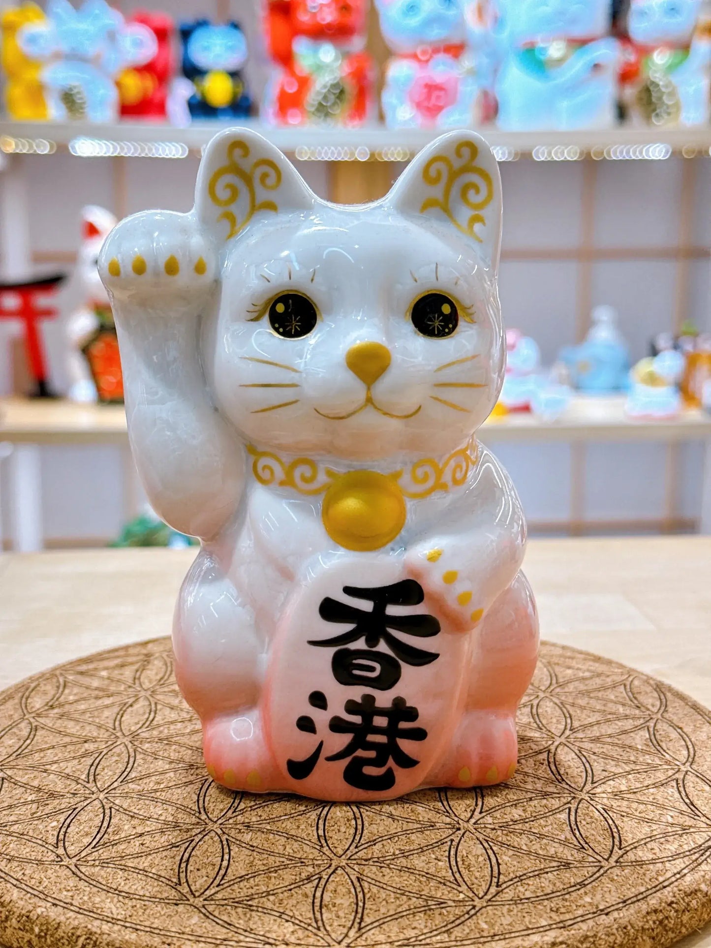 日本清水烧招财猫 花结晶 桃白 香港