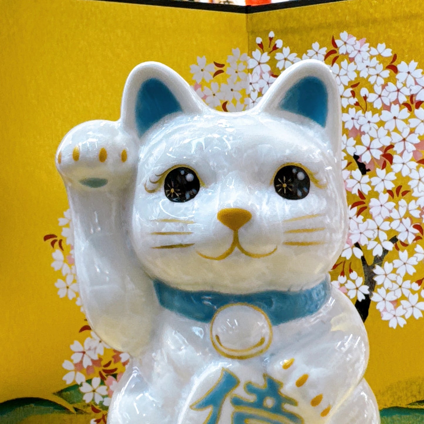日本清水燒招財貓 花結晶 白色 億万両 右