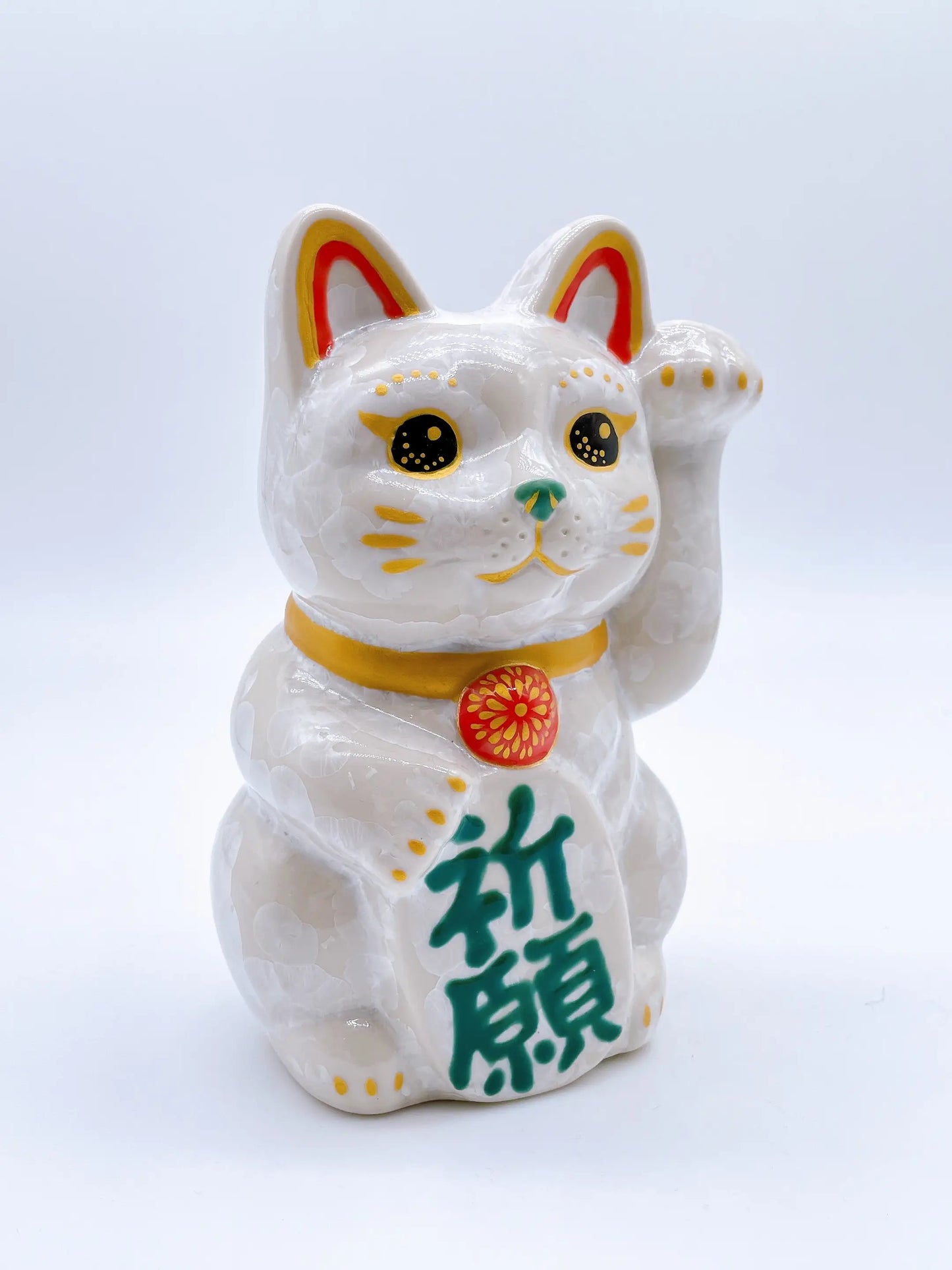 日本清水燒招財貓 花結晶 白 祈願 中號