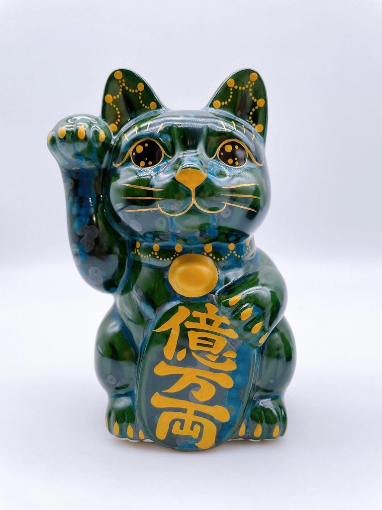 日本清水烧招财猫 古地深绿 亿万两 右