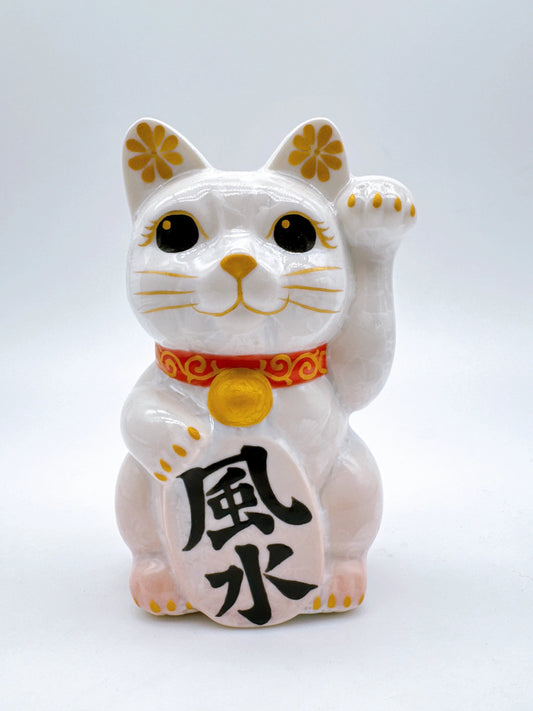 日本清水燒招財貓 花結晶 桃白 風水