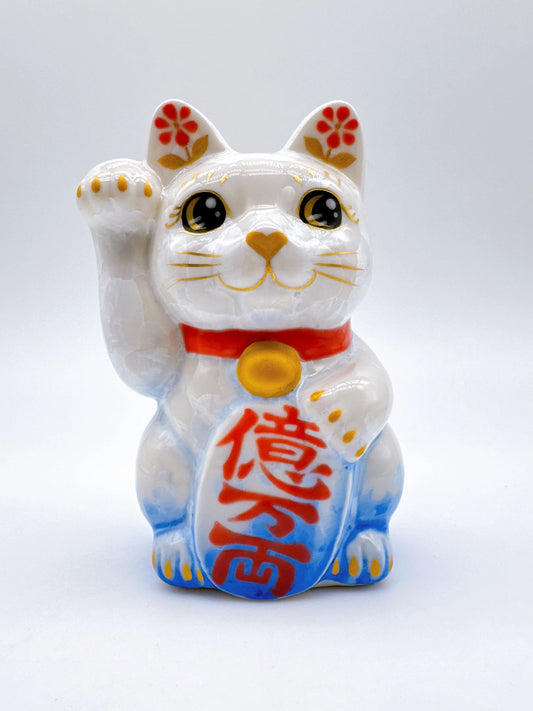 日本清水燒招財貓 花結晶 青白 億万両 右