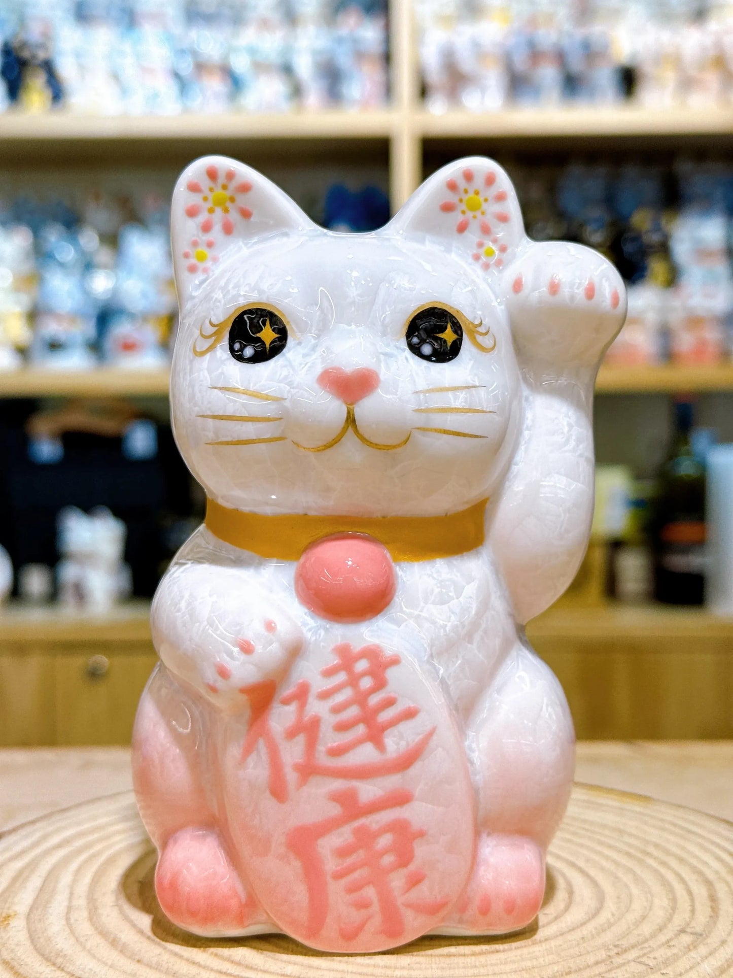 日本清水燒招財貓 花結晶 桃白 健康 左